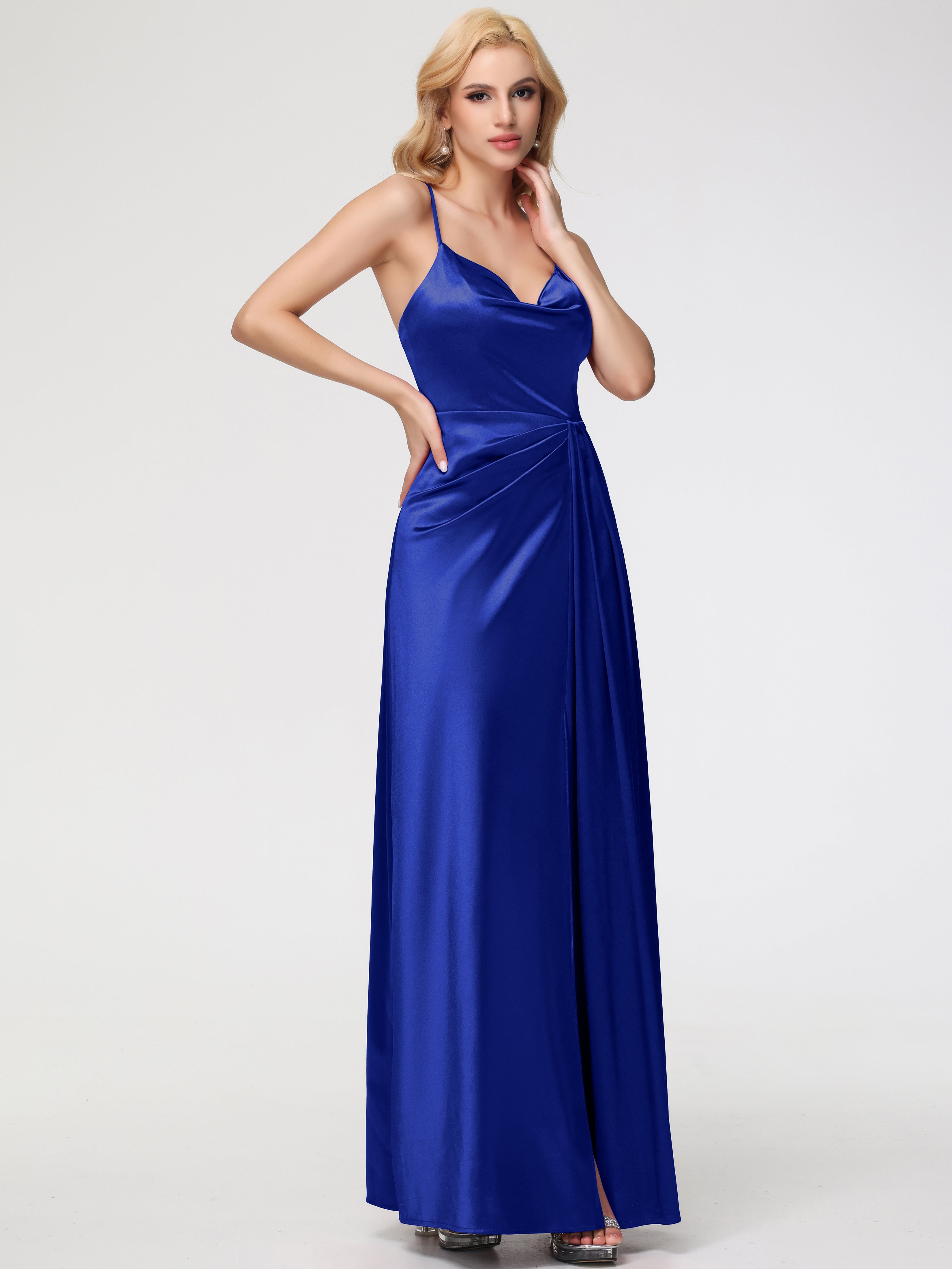 Robe De Demoiselle D Honneur Bleu Royal Col V Trapèze Satin Extensible Fendue Robe De Demoiselle D'Honneur Robe Plisée
