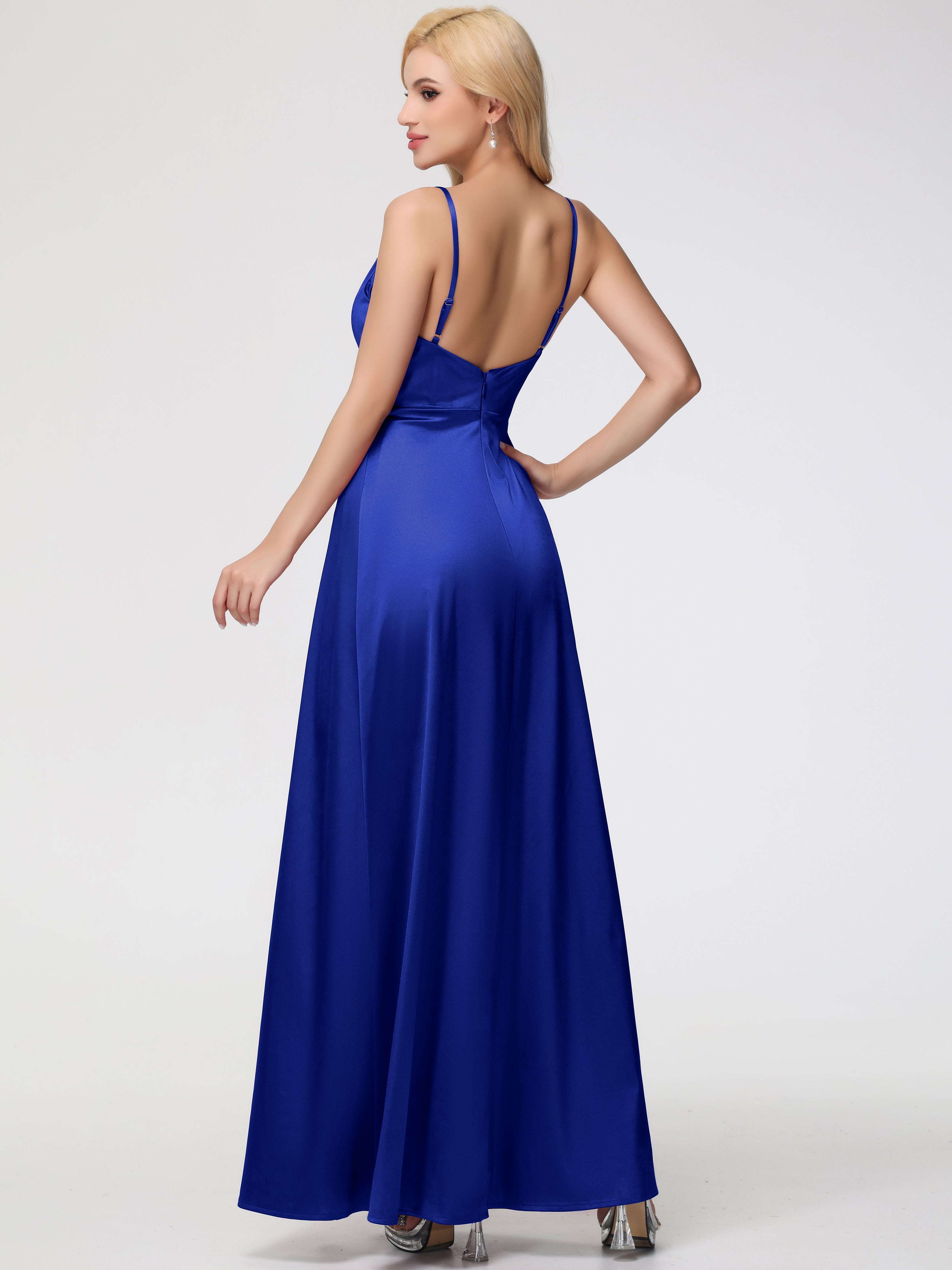 Robe De Demoiselle D Honneur Bleu Royal Col V Trapèze Satin Extensible Fendue Robe De Demoiselle D'Honneur Robe Plisée