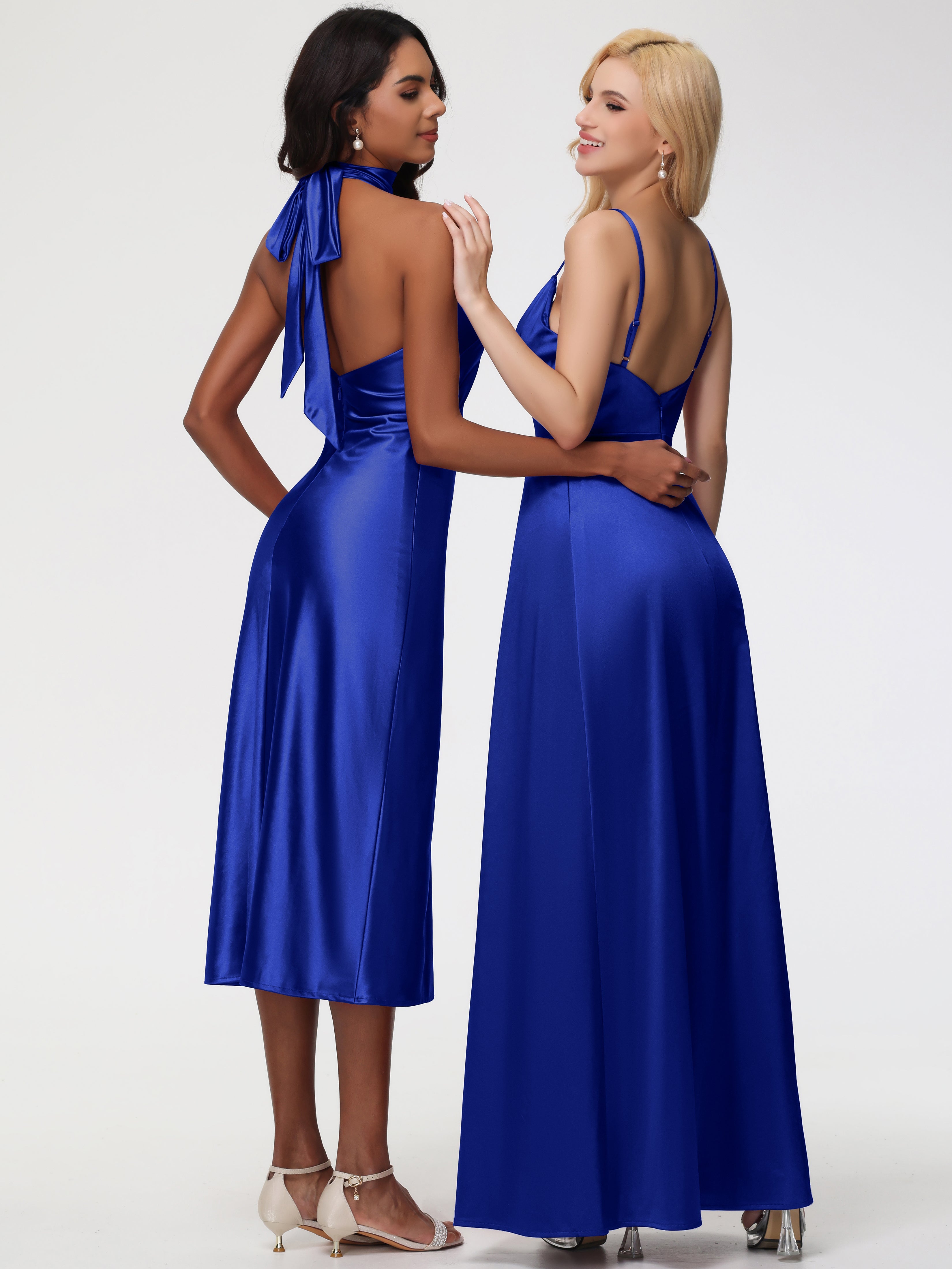 Robe De Demoiselle D Honneur Bleu Royal Col V Trapèze Satin Extensible Fendue Robe De Demoiselle D'Honneur Robe Plisée