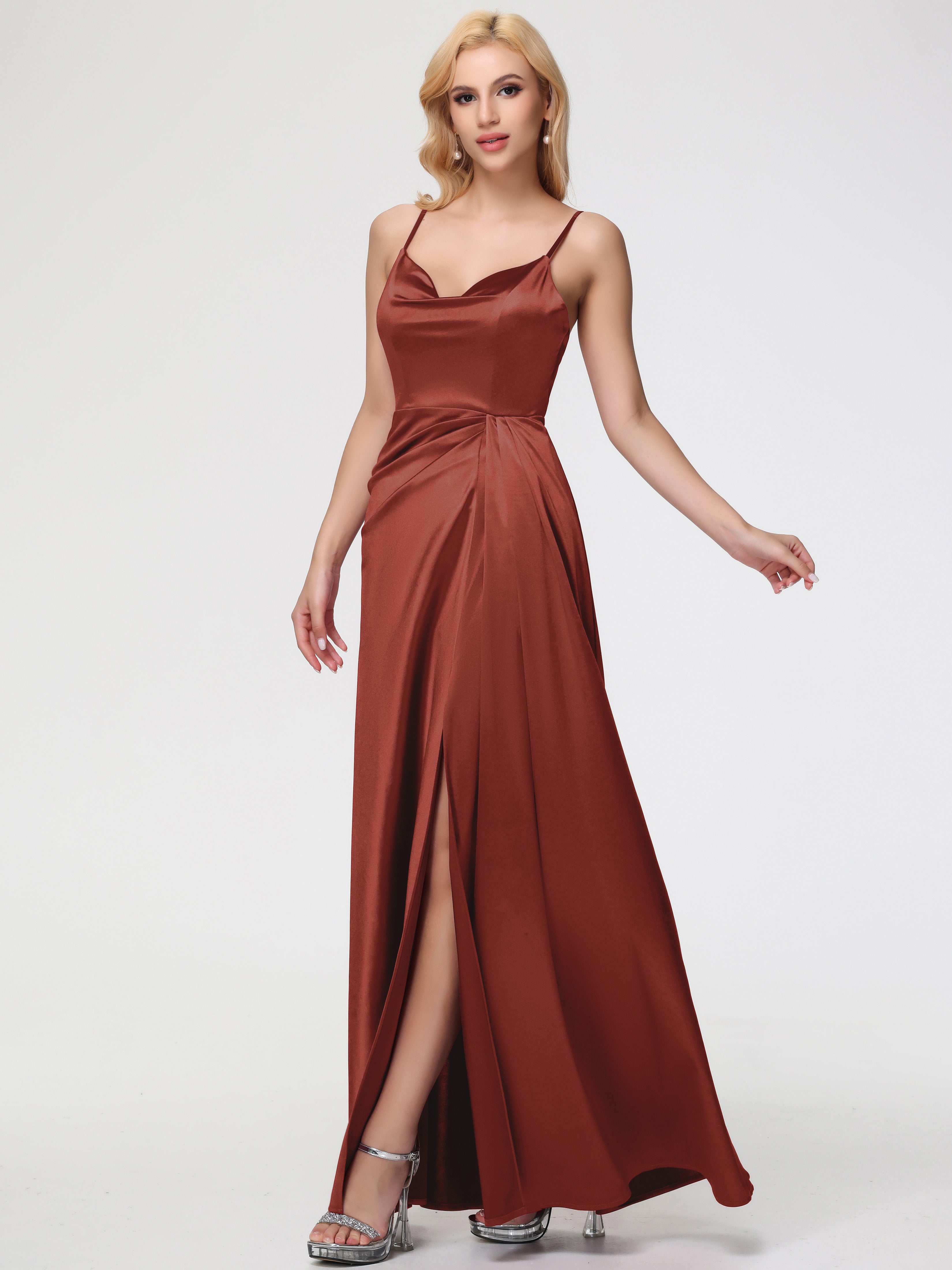 Robe Rouille Demoiselle D Honneur Col V Trapèze Satin Extensible Fendue Robe De Demoiselle D'Honneur Robe Plisée