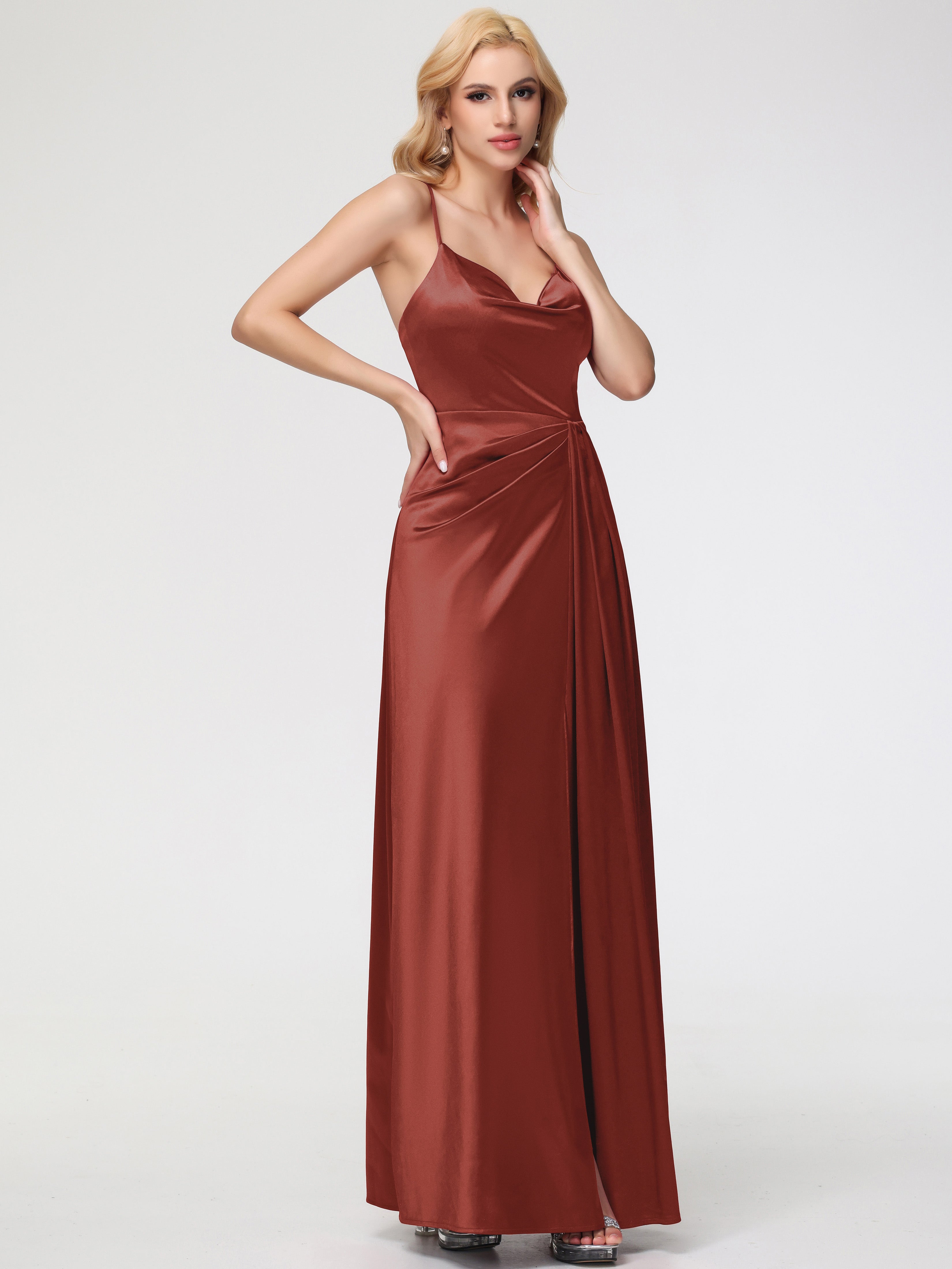 Robe Rouille Demoiselle D Honneur Col V Trapèze Satin Extensible Fendue Robe De Demoiselle D'Honneur Robe Plisée