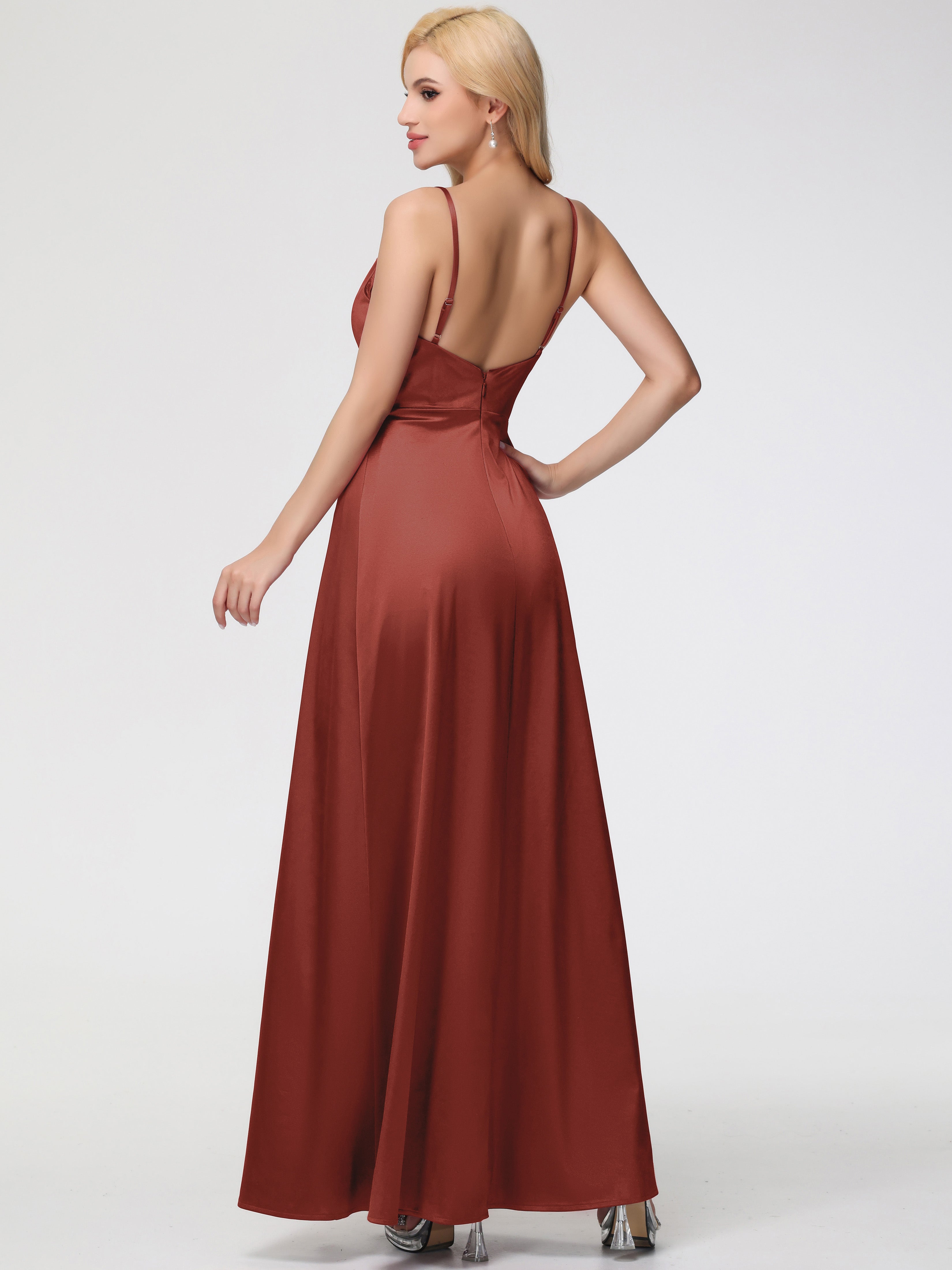 Robe Rouille Demoiselle D Honneur Col V Trapèze Satin Extensible Fendue Robe De Demoiselle D'Honneur Robe Plisée