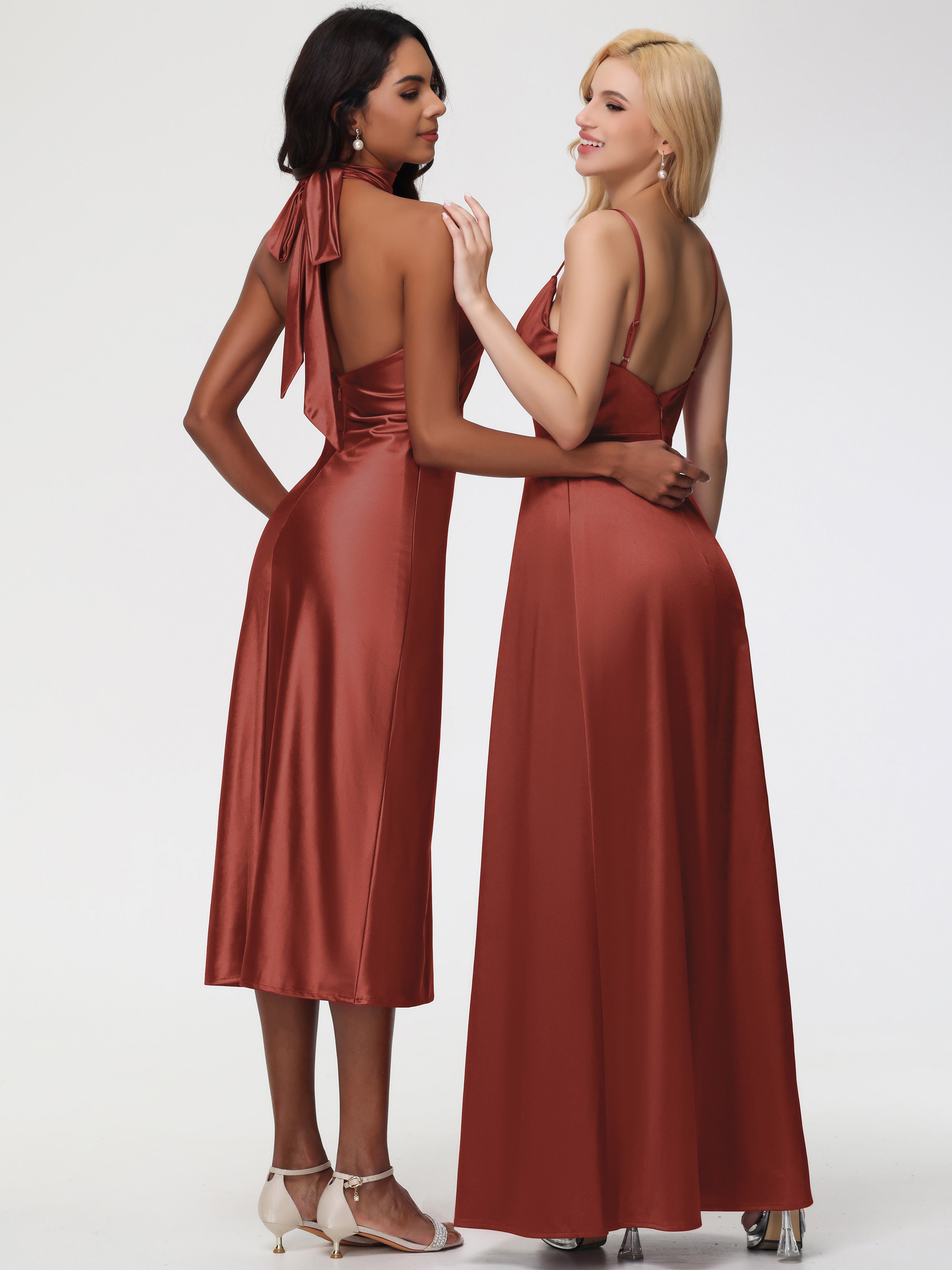Robe Rouille Demoiselle D Honneur Col V Trapèze Satin Extensible Fendue Robe De Demoiselle D'Honneur Robe Plisée