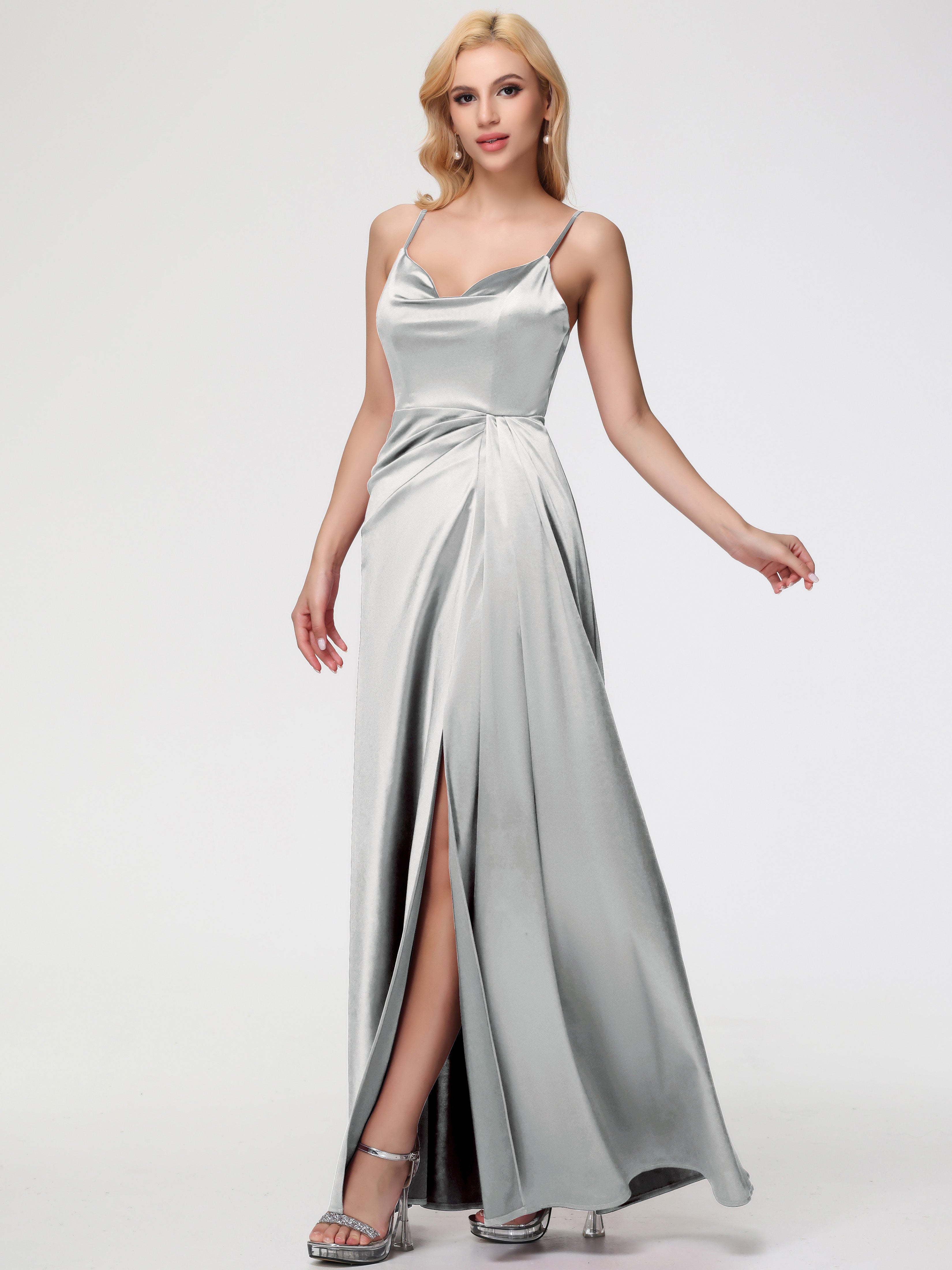 Robes De Demoiselle D'Honneur En Argent Col V Trapèze Satin Extensible Fendue Robe De Demoiselle D'Honneur Robe Plisée