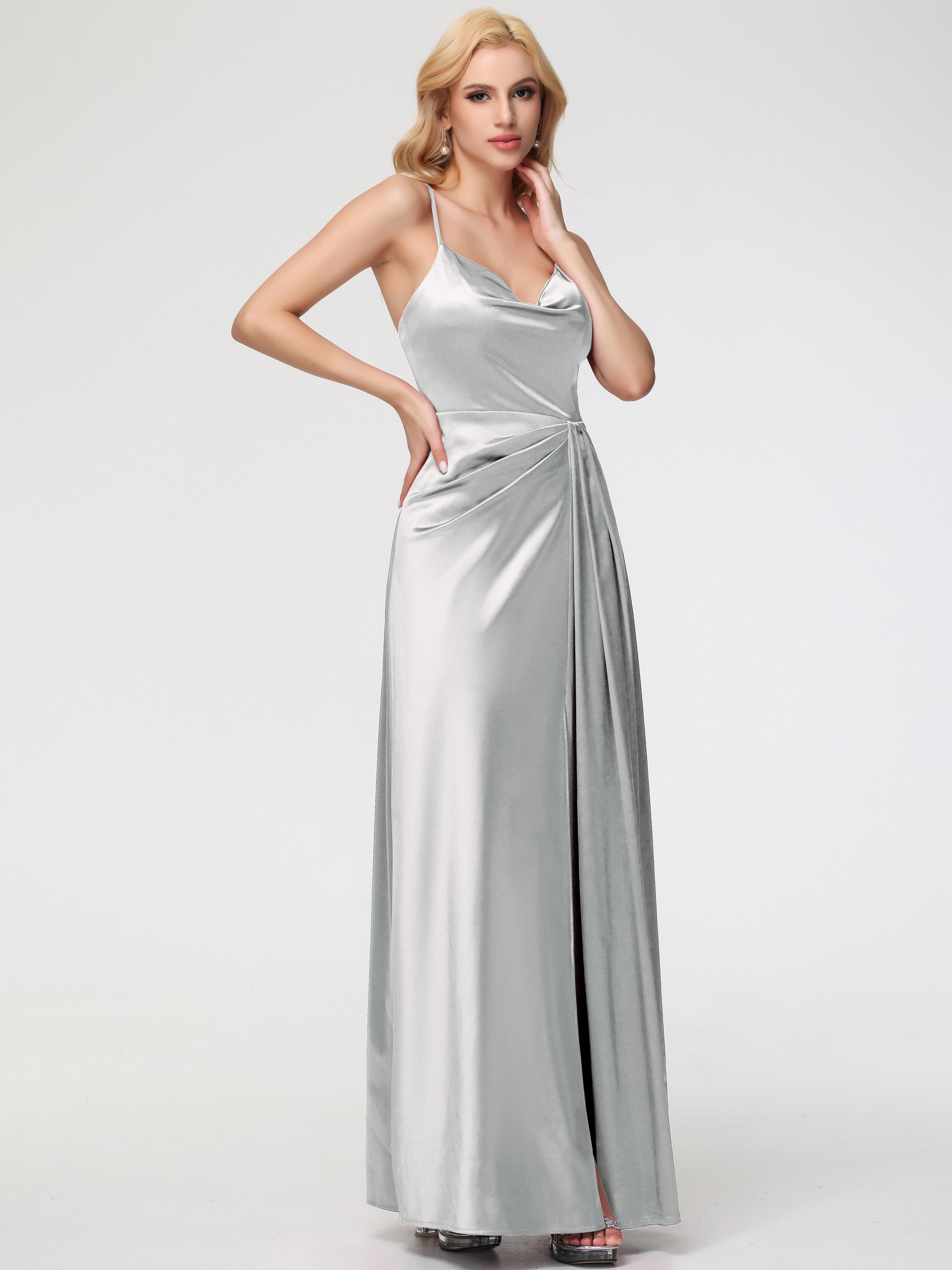 Robes De Demoiselle D'Honneur En Argent Col V Trapèze Satin Extensible Fendue Robe De Demoiselle D'Honneur Robe Plisée