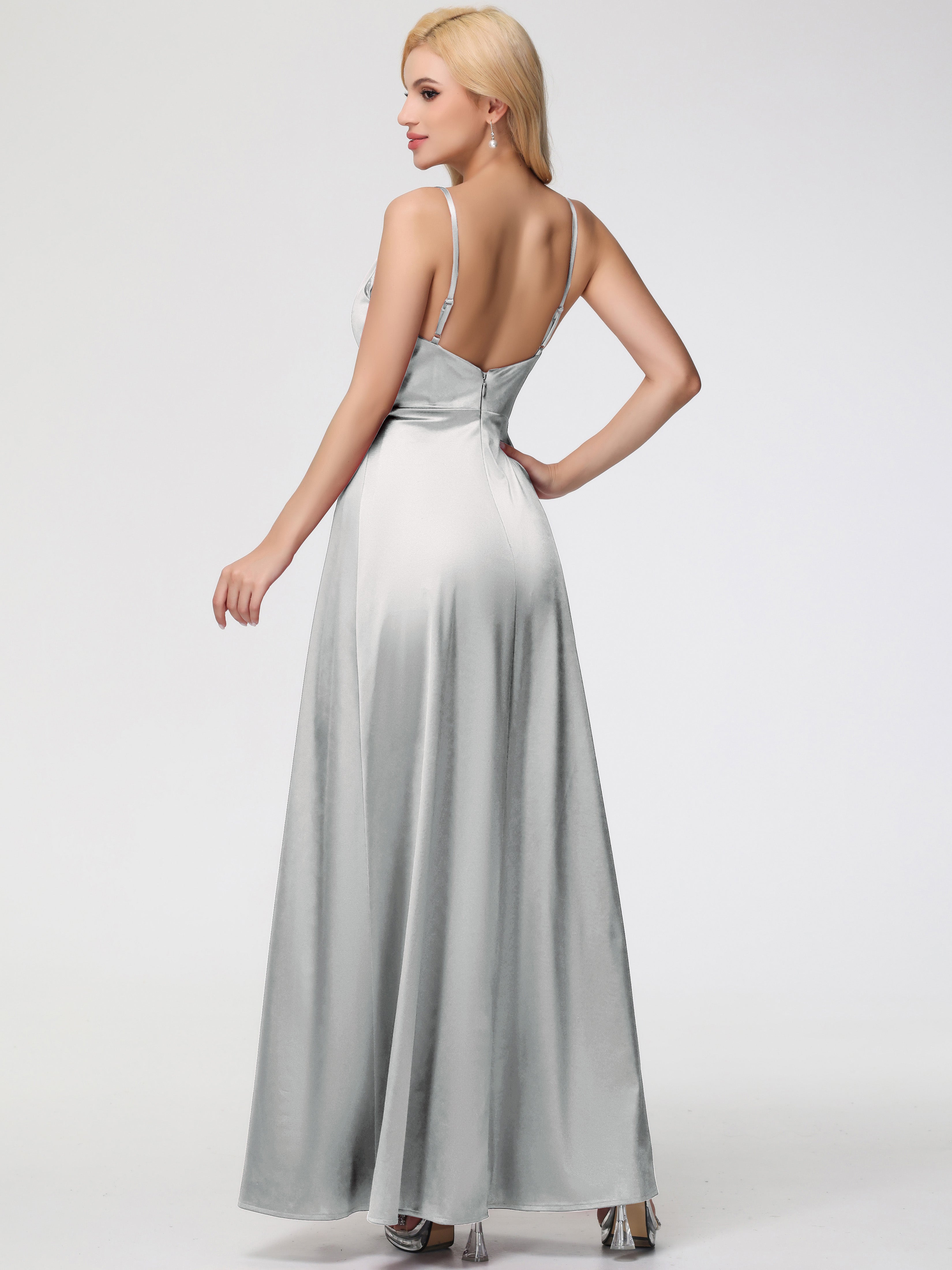 Robes De Demoiselle D'Honneur En Argent Col V Trapèze Satin Extensible Fendue Robe De Demoiselle D'Honneur Robe Plisée