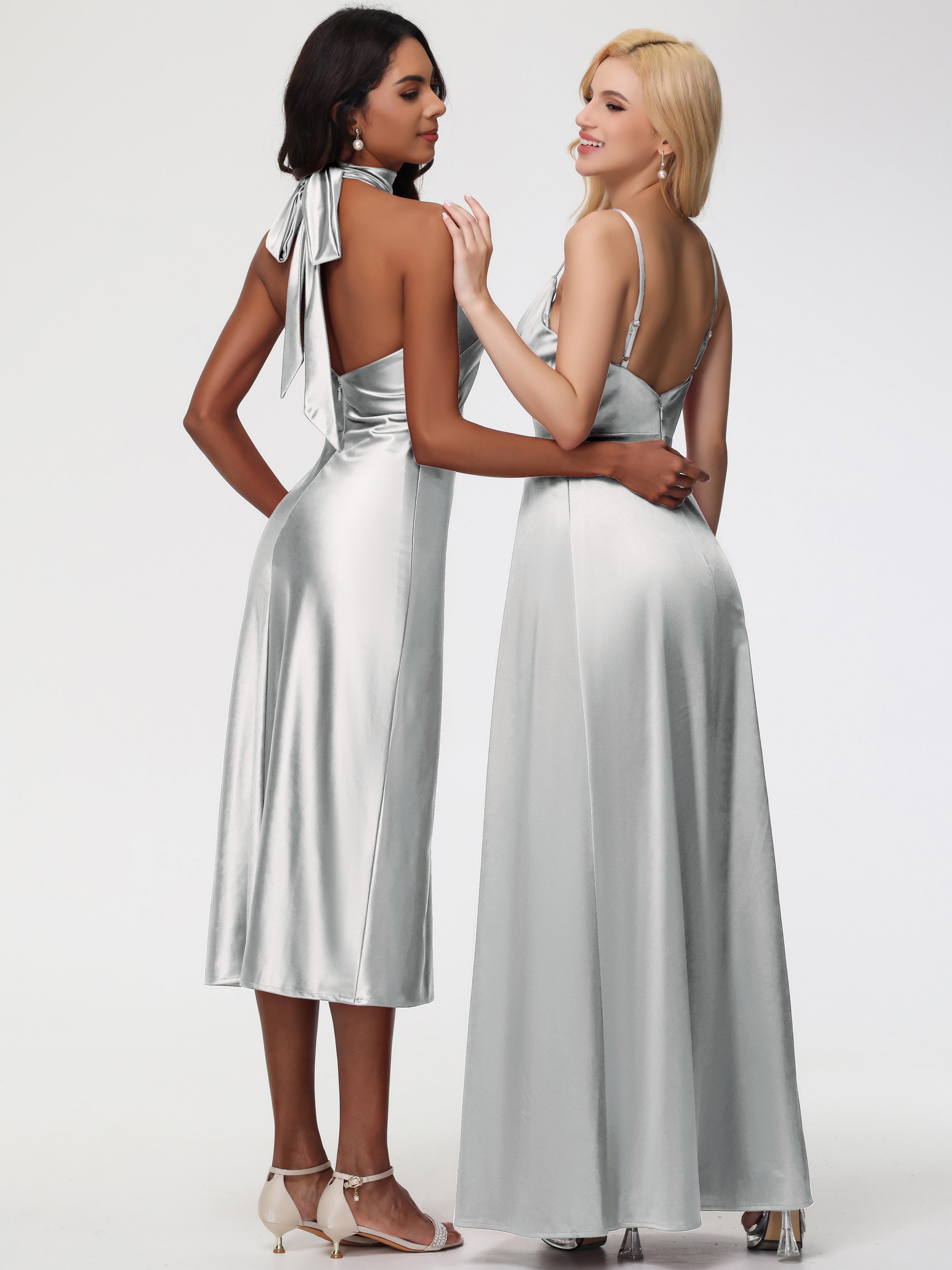 Robes De Demoiselle D'Honneur En Argent Col V Trapèze Satin Extensible Fendue Robe De Demoiselle D'Honneur Robe Plisée