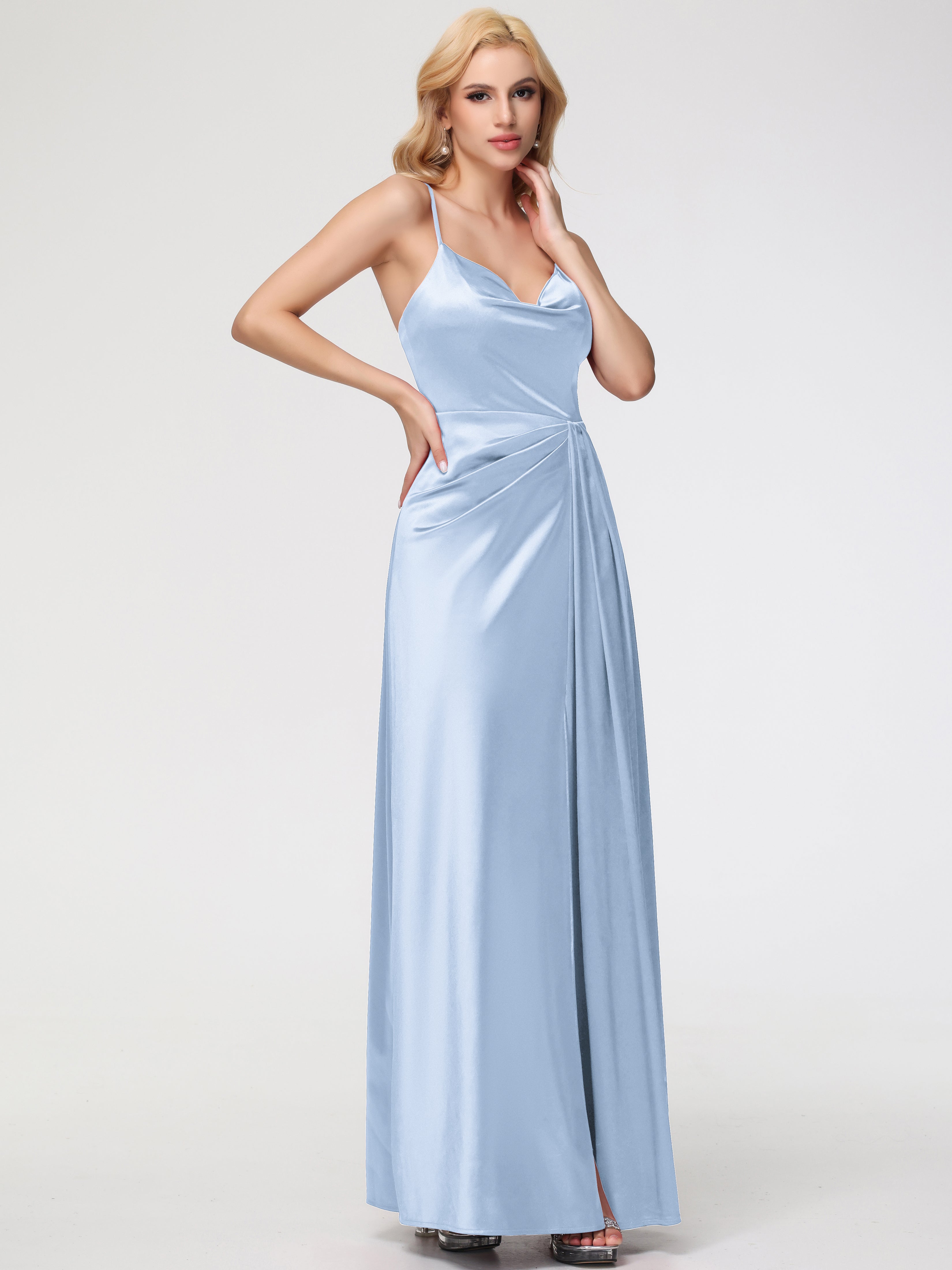 Demoiselle D Honneur Bleu Ciel Col V Trapèze Satin Extensible Fendue Robe De Demoiselle D'Honneur Robe Plisée