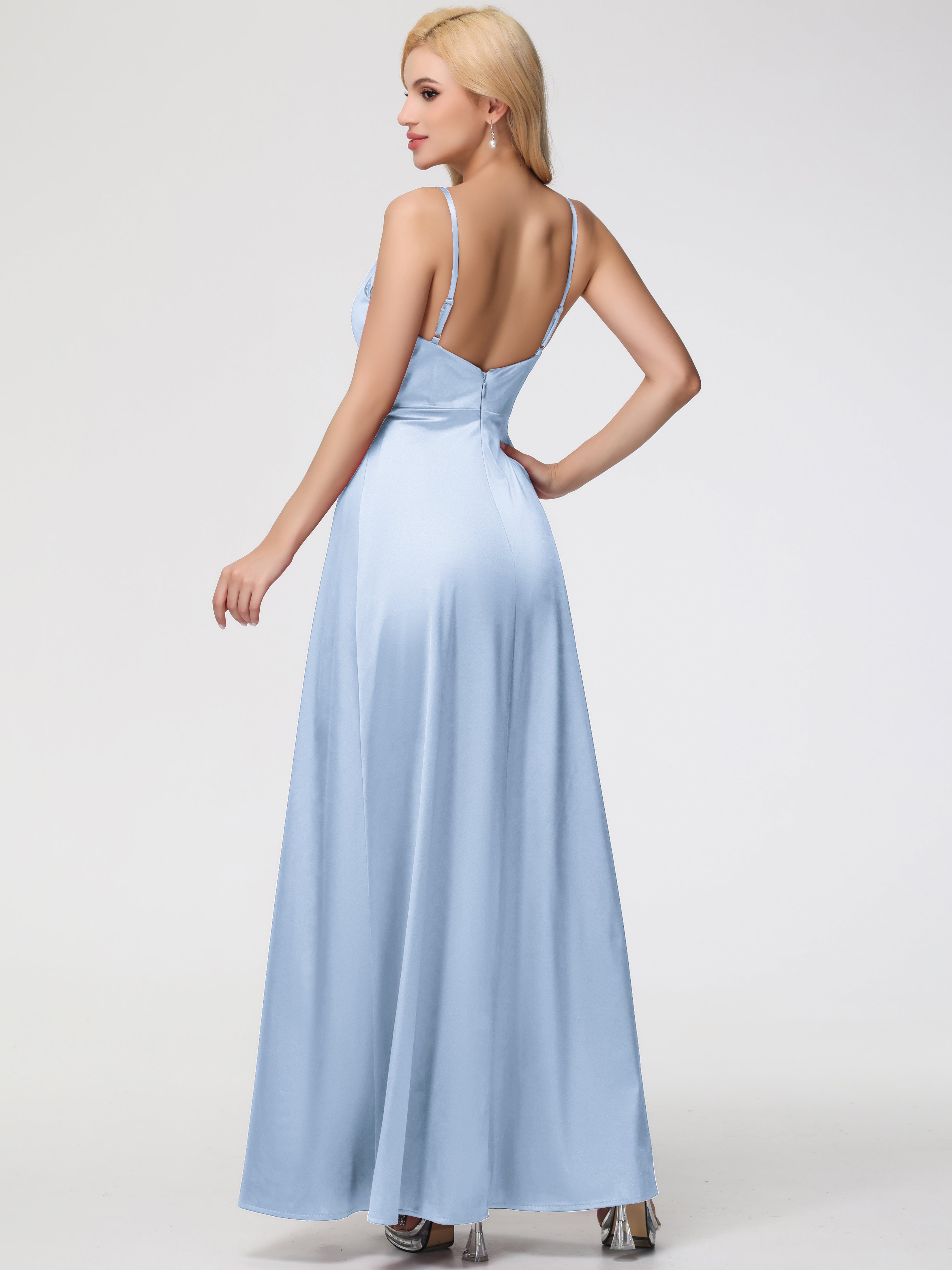 Demoiselle D Honneur Bleu Ciel Col V Trapèze Satin Extensible Fendue Robe De Demoiselle D'Honneur Robe Plisée