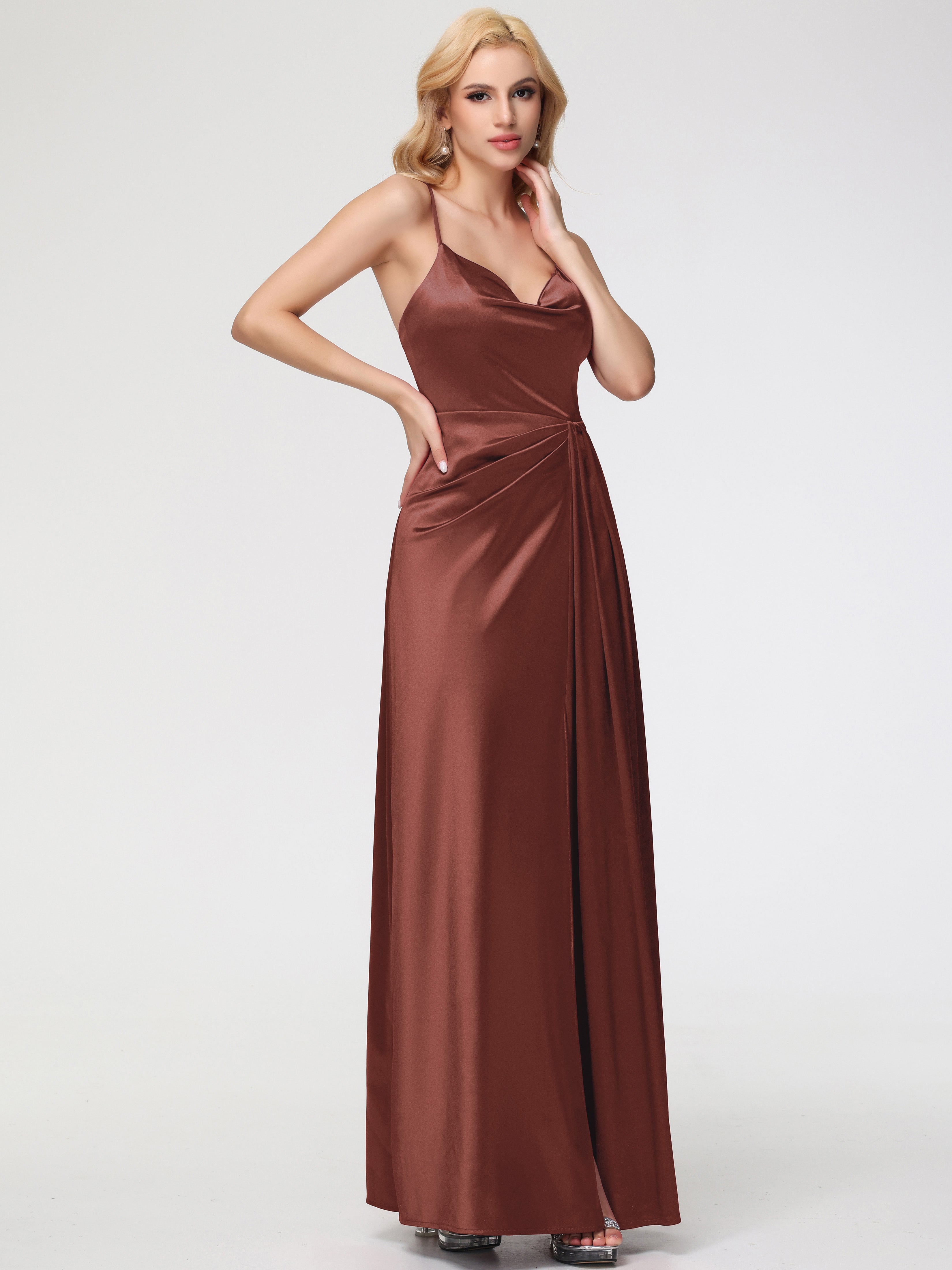 Robes Demoiselles D Honneur Terracotta Col V Trapèze Satin Extensible Fendue Robe De Demoiselle D'Honneur Robe Plisée