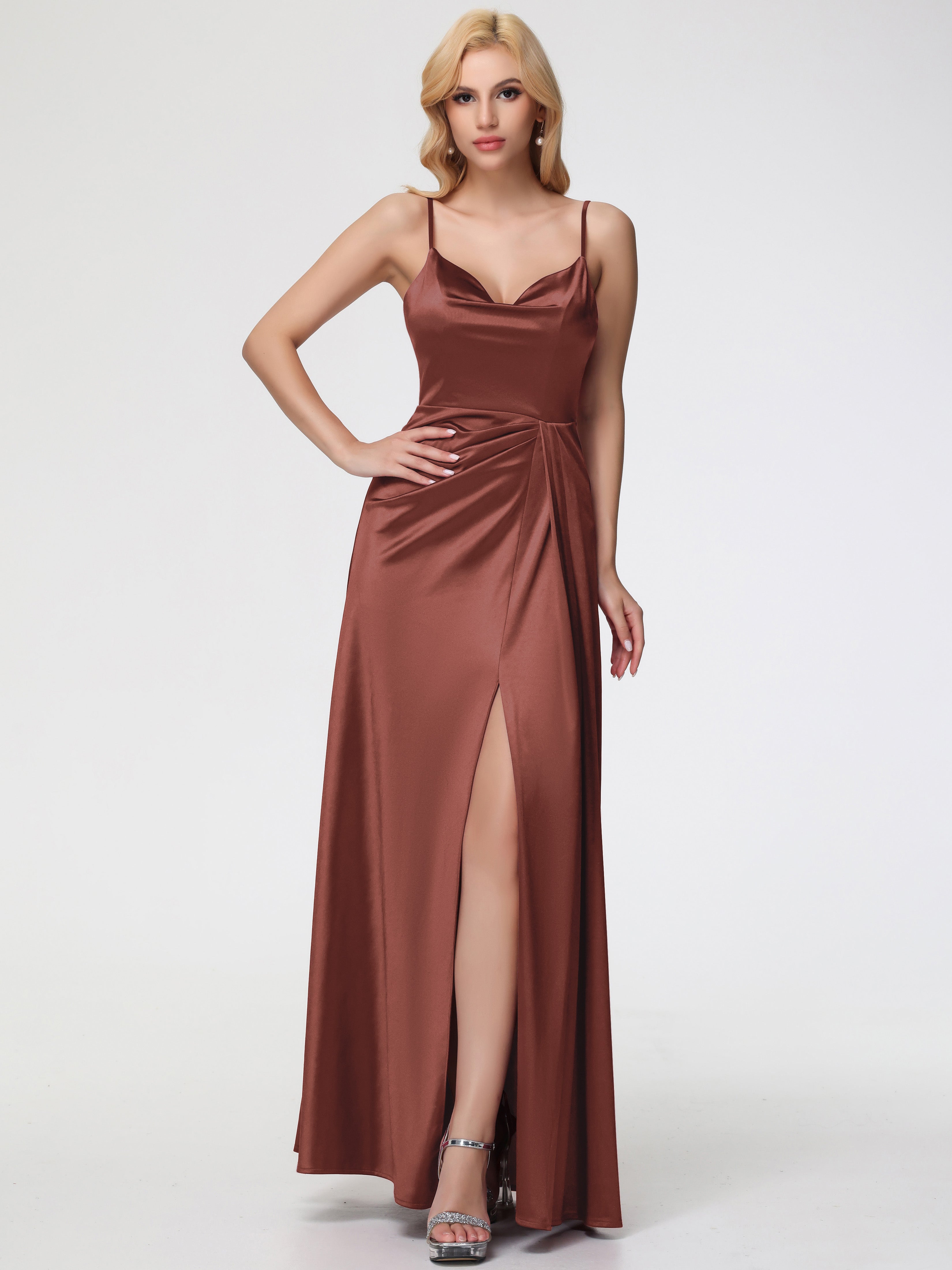 Robes Demoiselles D Honneur Terracotta Col V Trapèze Satin Extensible Fendue Robe De Demoiselle D'Honneur Robe Plisée