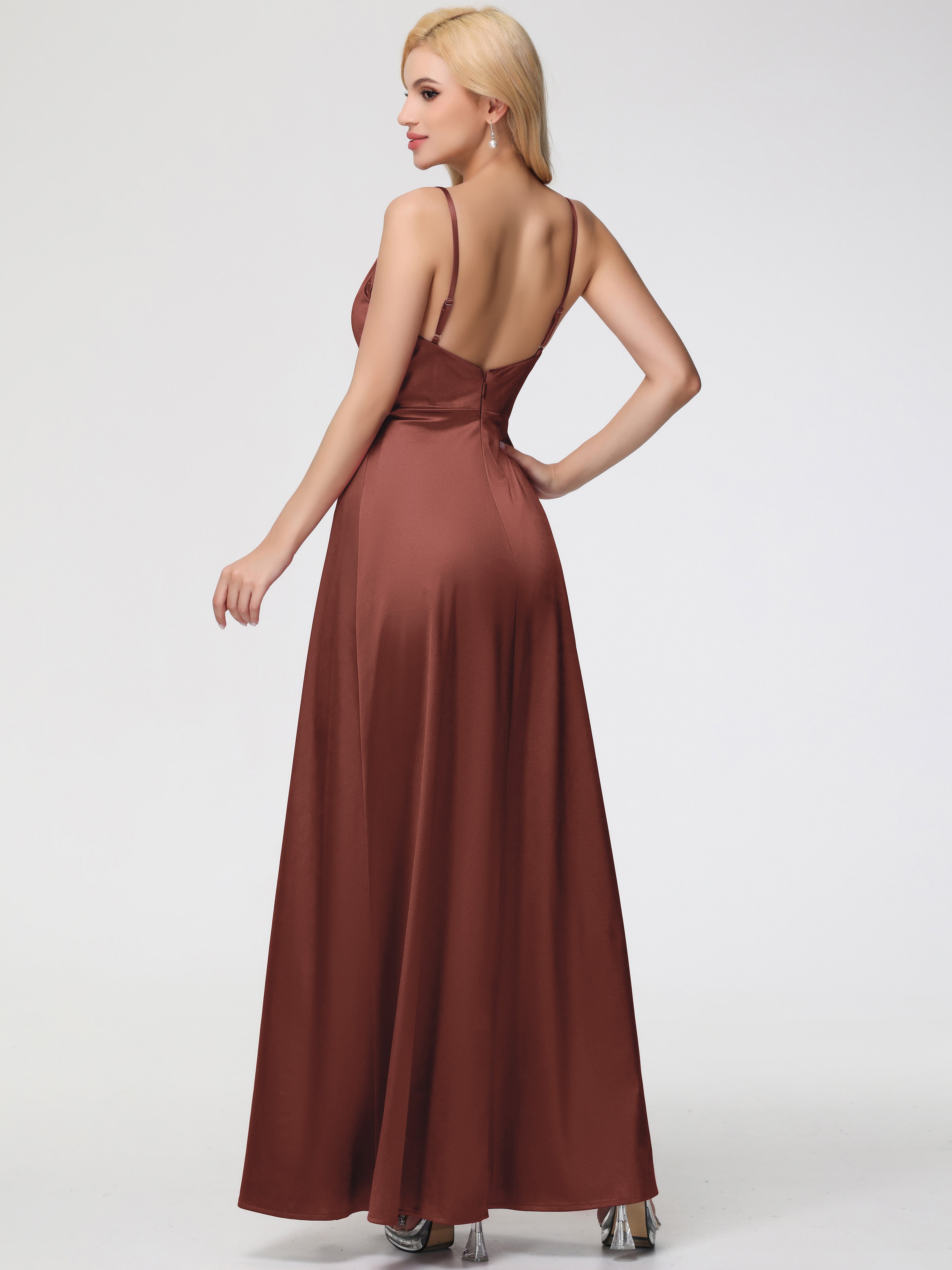 Robes Demoiselles D Honneur Terracotta Col V Trapèze Satin Extensible Fendue Robe De Demoiselle D'Honneur Robe Plisée