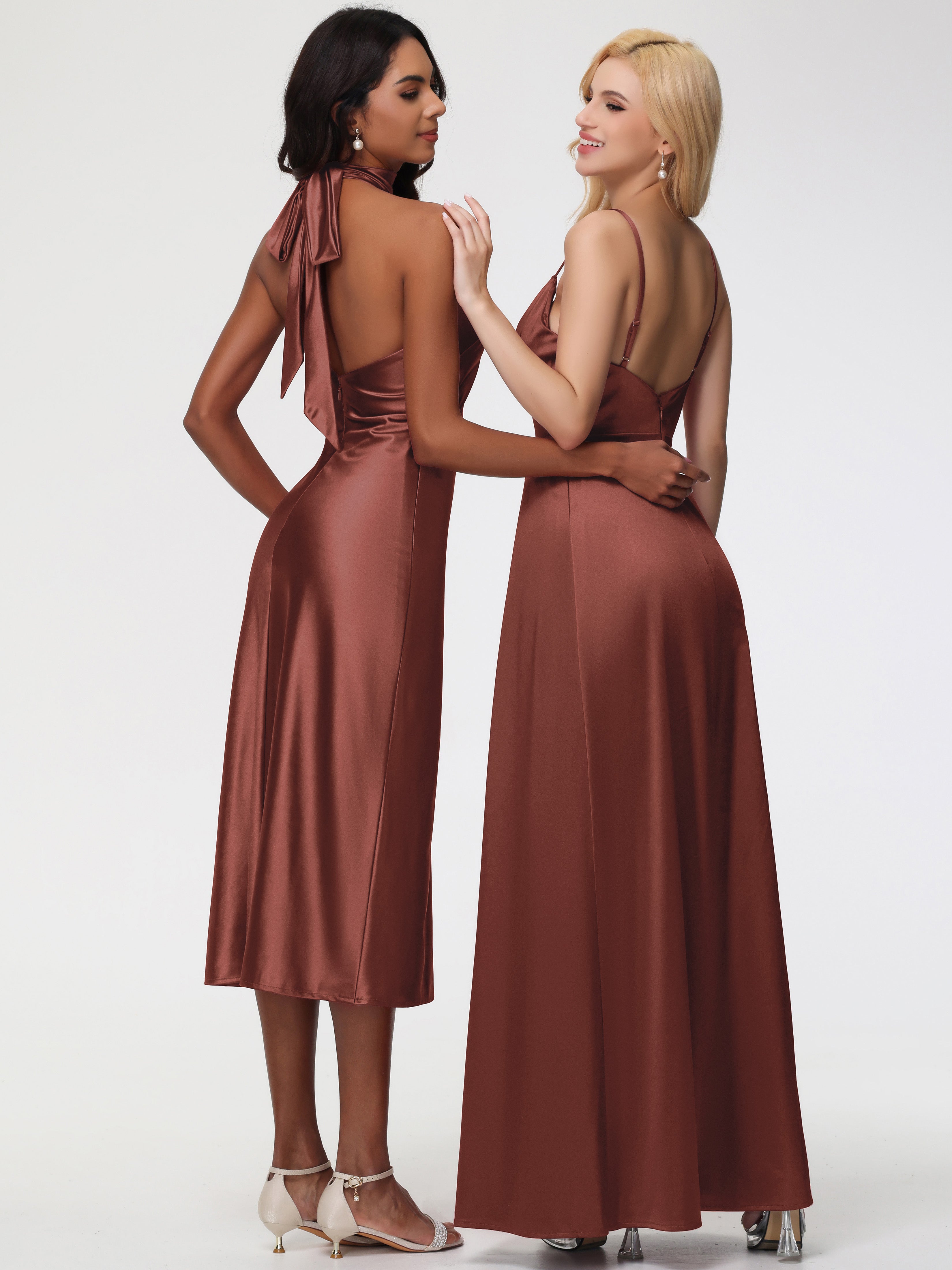 Robes Demoiselles D Honneur Terracotta Col V Trapèze Satin Extensible Fendue Robe De Demoiselle D'Honneur Robe Plisée