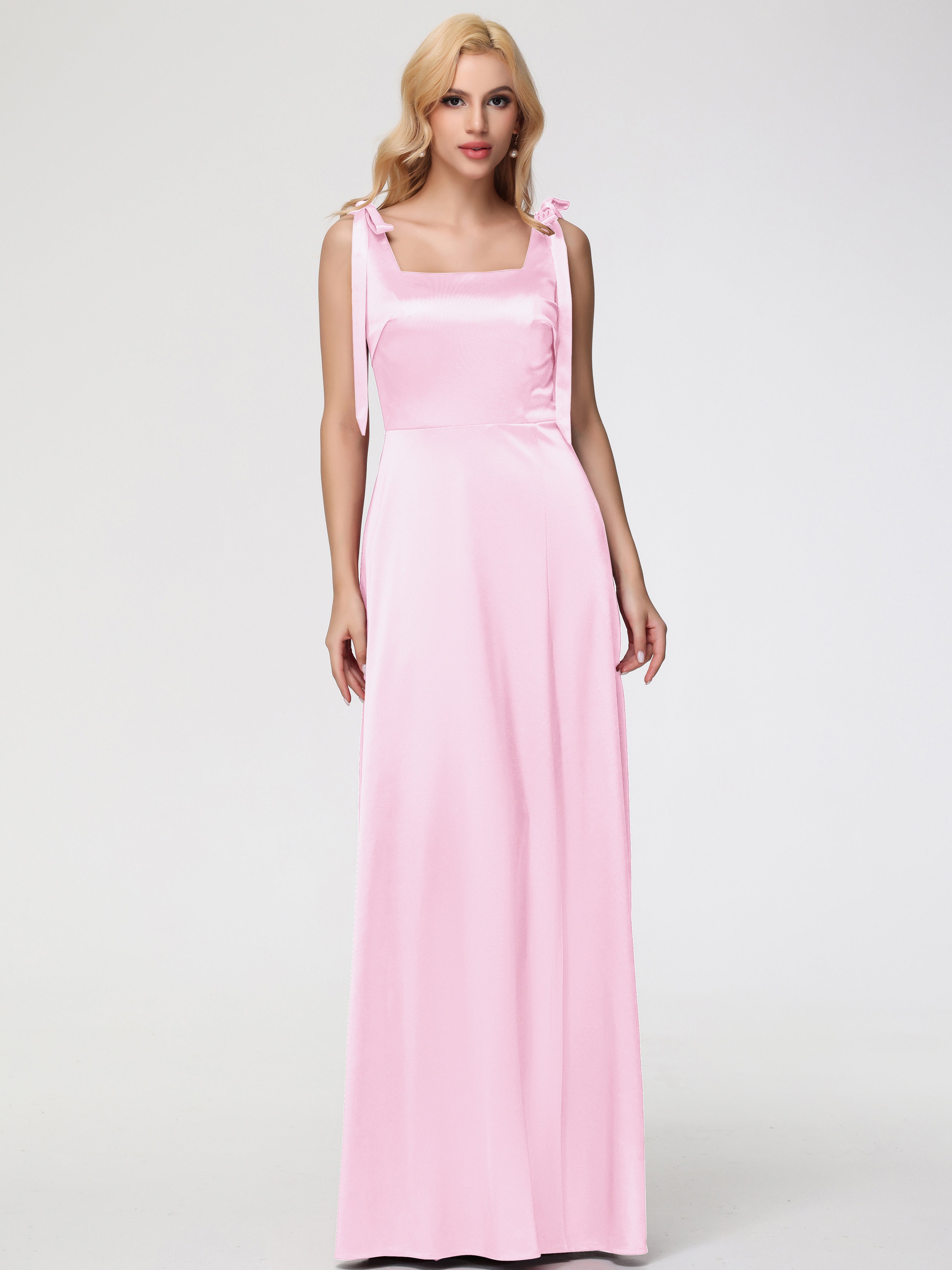 Demoiselle Dhonneur Robe Longue Rose Pale Col Carré Trapèze Satin Extensible Fendue Robe De Demoiselle D'Honneur