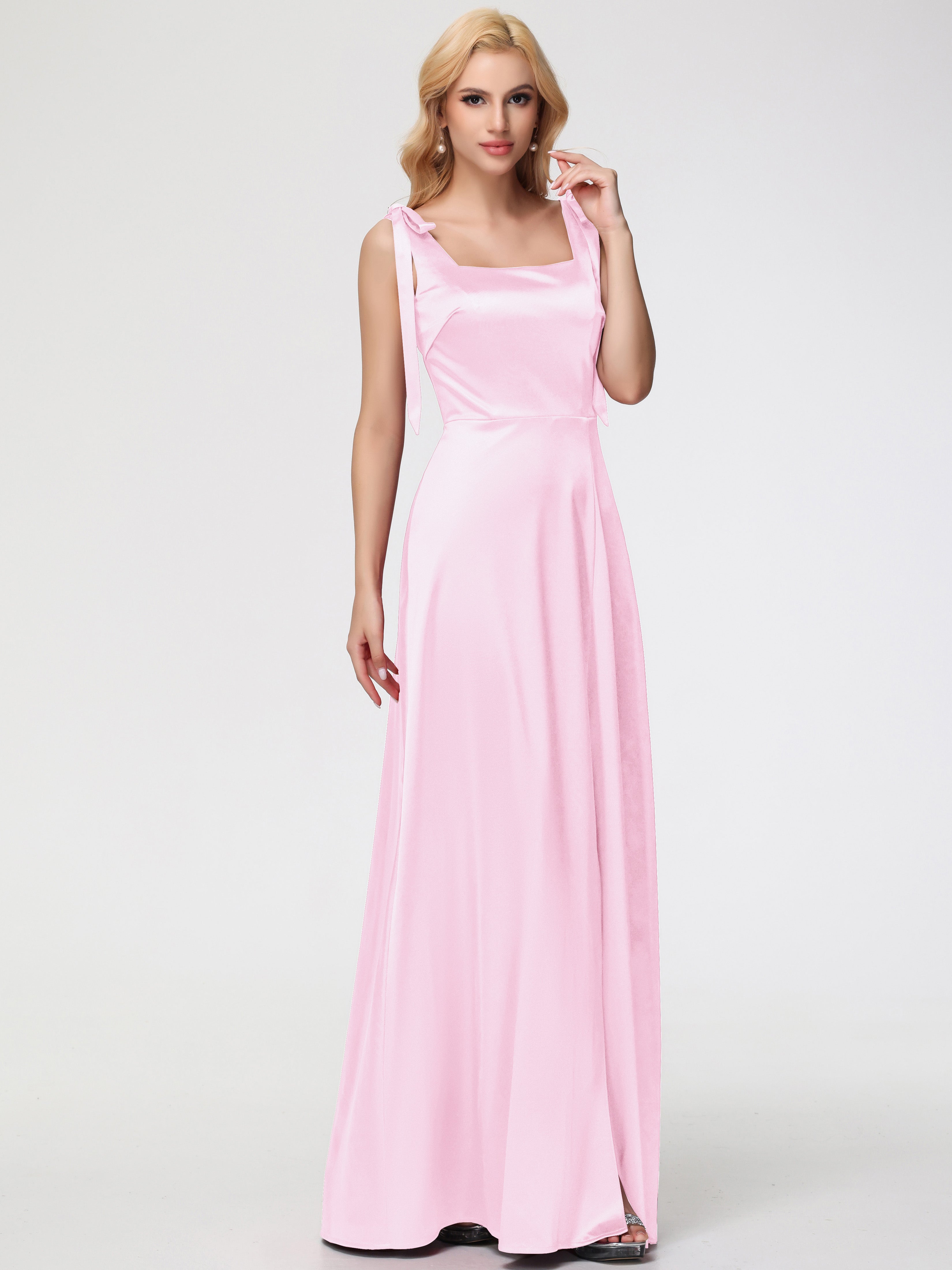Demoiselle Dhonneur Robe Longue Rose Pale Col Carré Trapèze Satin Extensible Fendue Robe De Demoiselle D'Honneur
