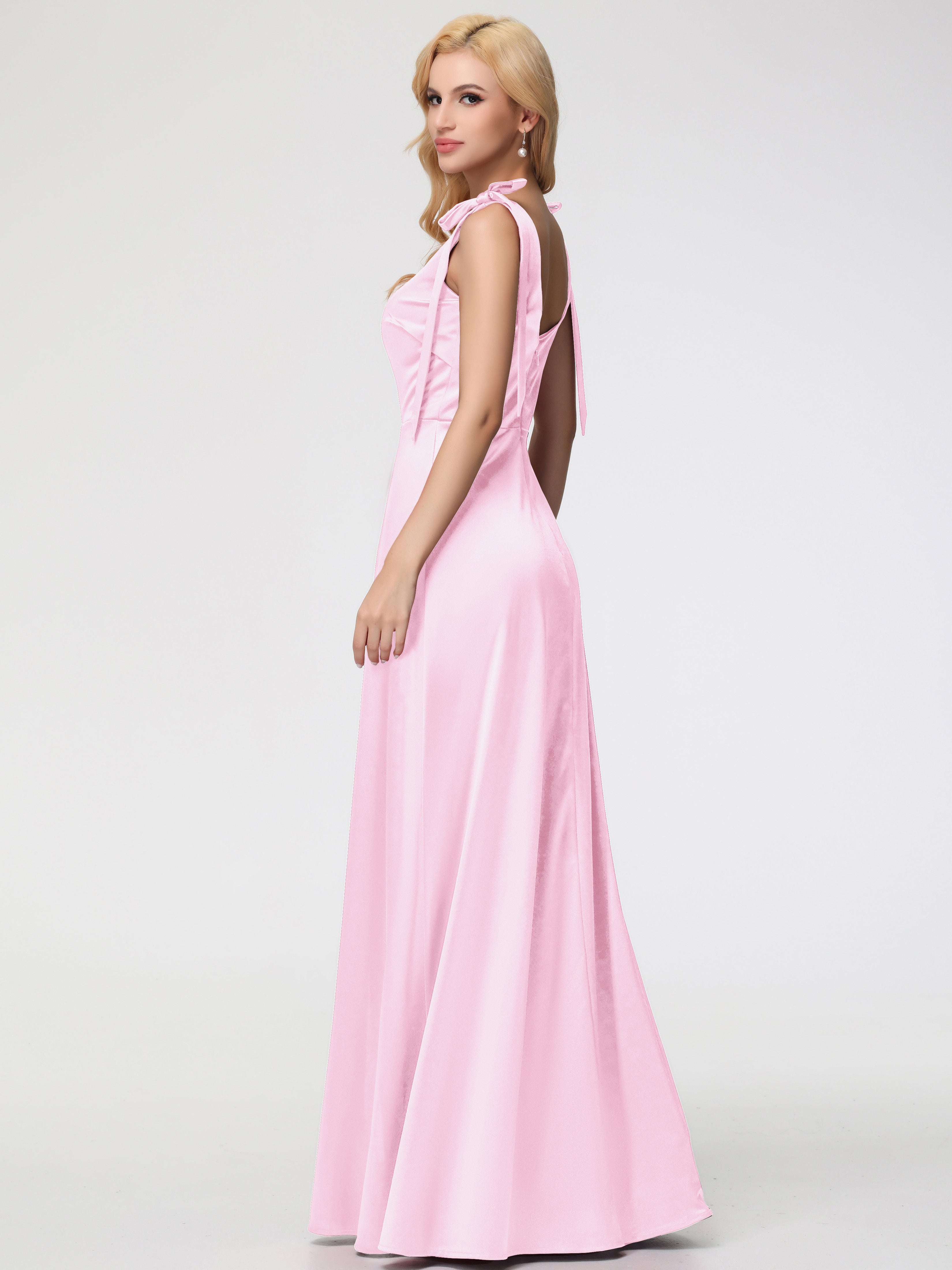 Demoiselle Dhonneur Robe Longue Rose Pale Col Carré Trapèze Satin Extensible Fendue Robe De Demoiselle D'Honneur