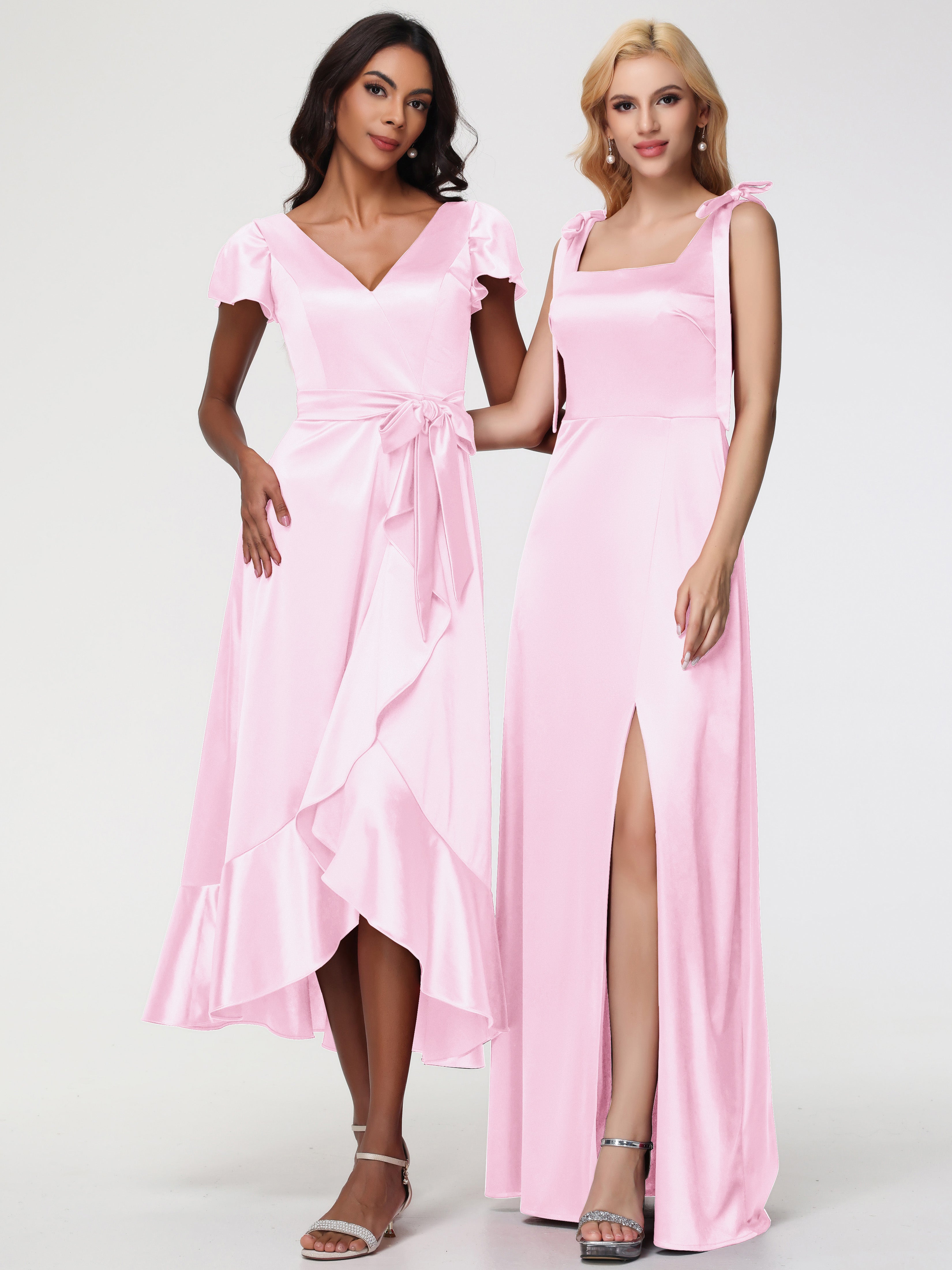 Demoiselle Dhonneur Robe Longue Rose Pale Col Carré Trapèze Satin Extensible Fendue Robe De Demoiselle D'Honneur