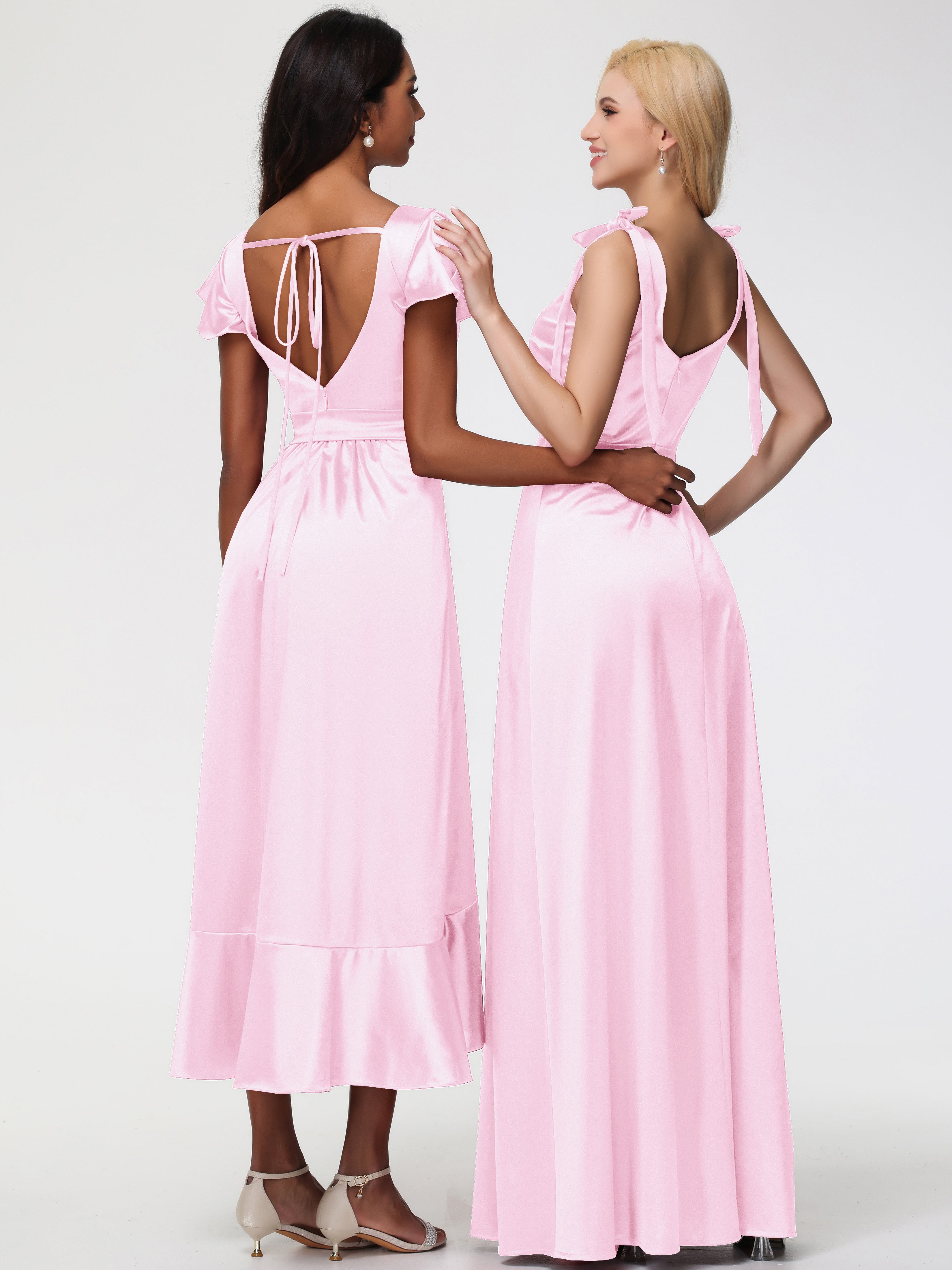 Demoiselle Dhonneur Robe Longue Rose Pale Col Carré Trapèze Satin Extensible Fendue Robe De Demoiselle D'Honneur