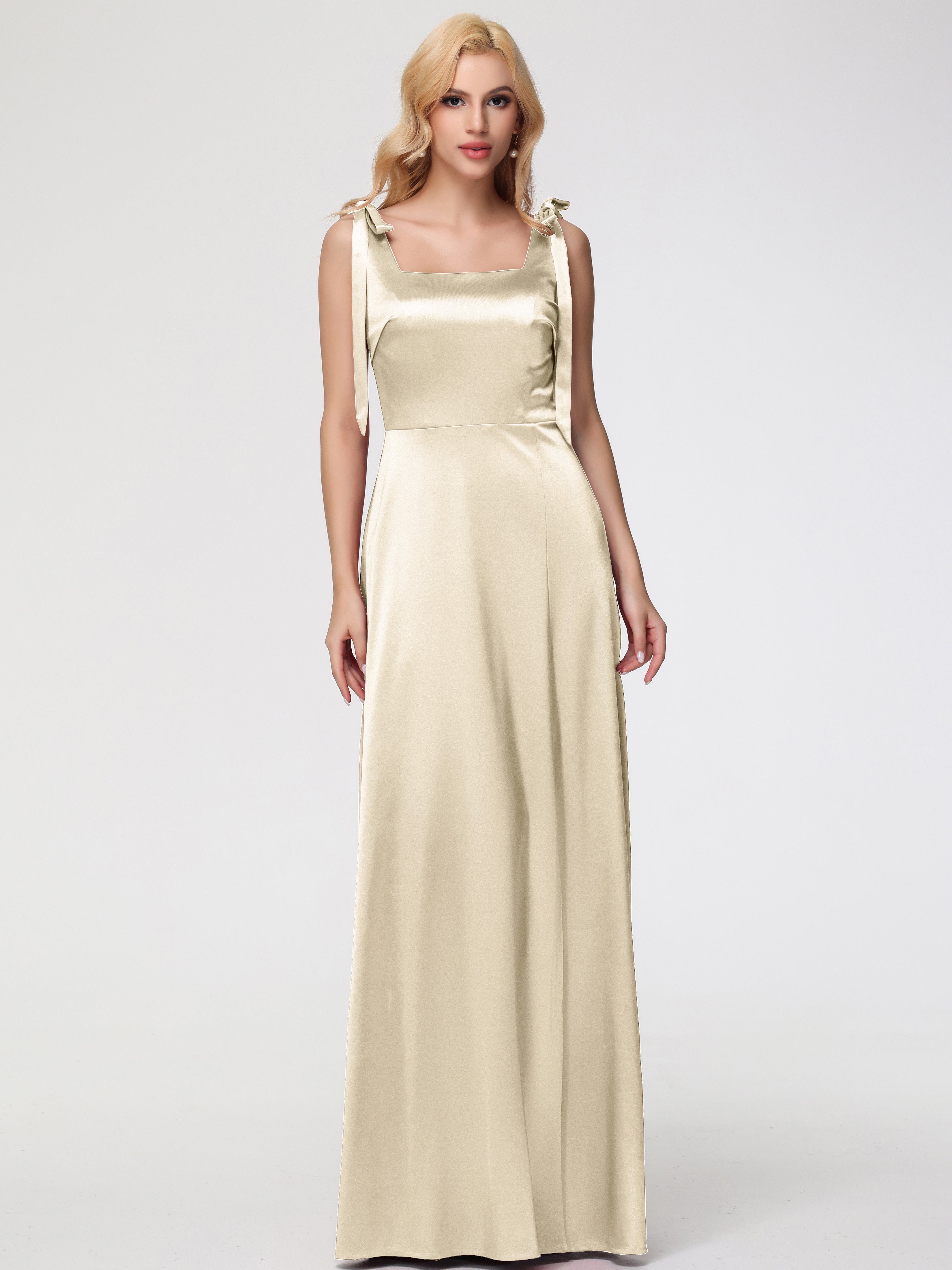 Robe Demoiselle D Honneur Champagne Col Carré Trapèze Satin Extensible Fendue Robe De Demoiselle D'Honneur