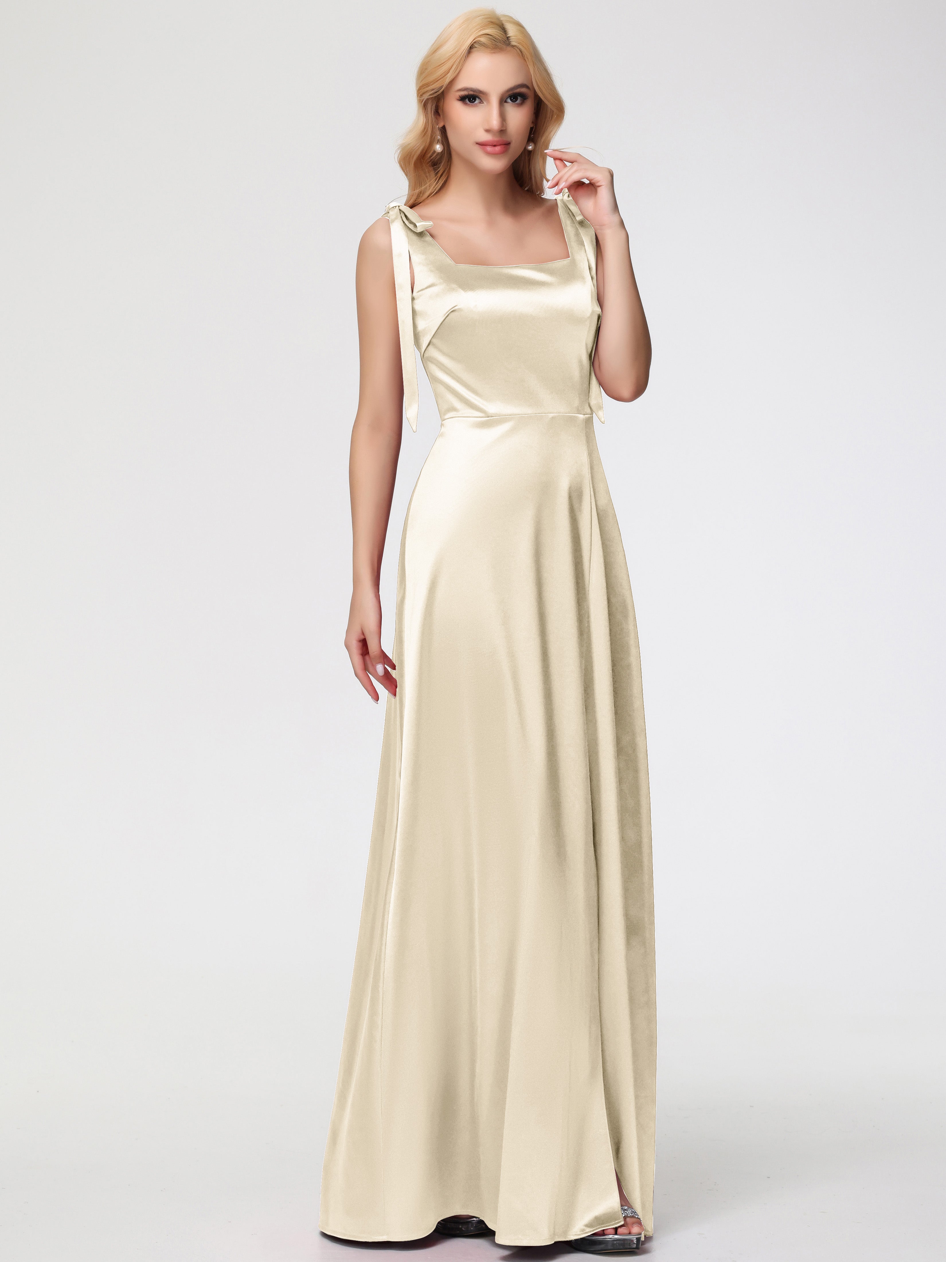 Robe Demoiselle D Honneur Champagne Col Carré Trapèze Satin Extensible Fendue Robe De Demoiselle D'Honneur