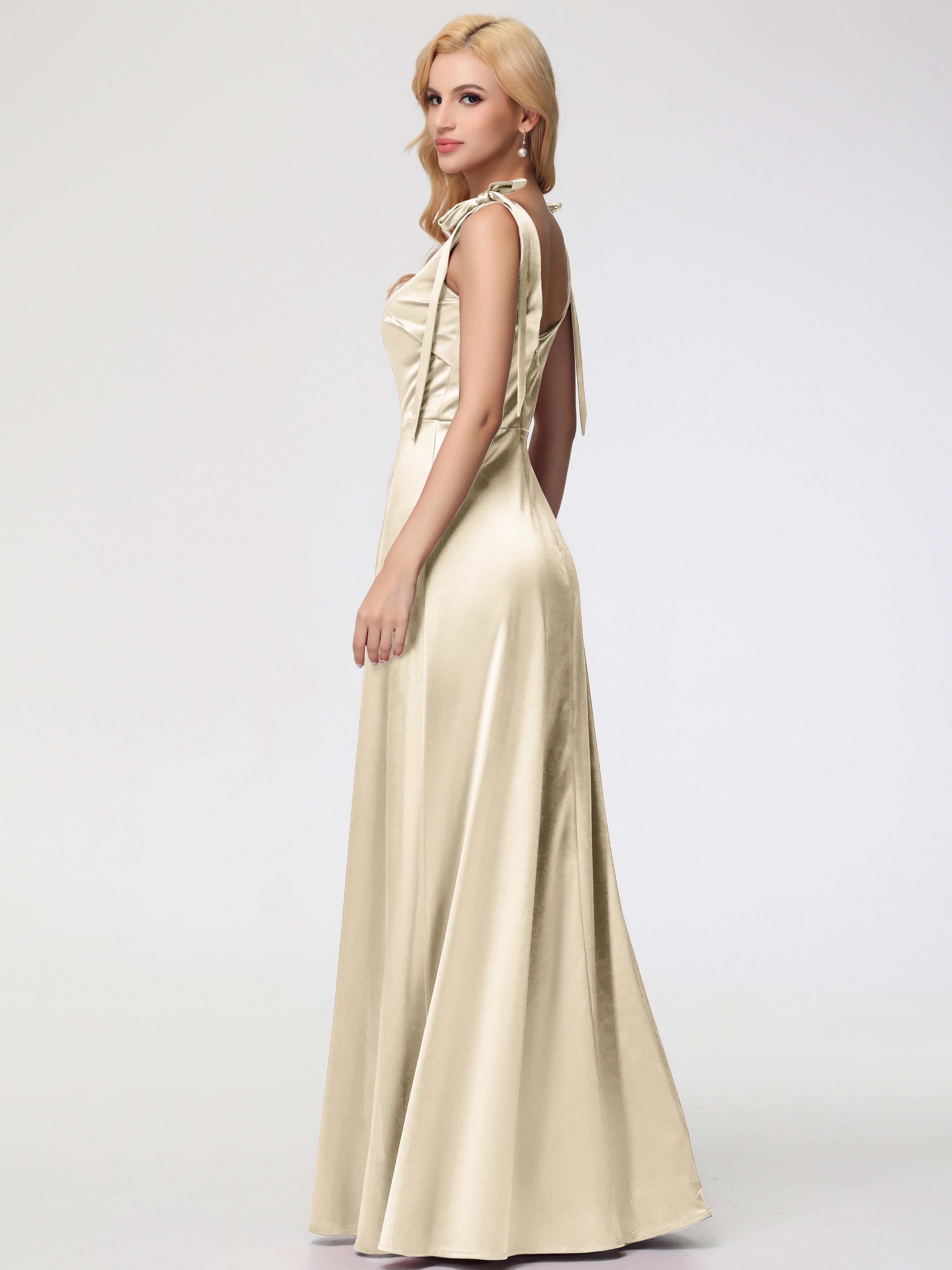 Robe Demoiselle D Honneur Champagne Col Carré Trapèze Satin Extensible Fendue Robe De Demoiselle D'Honneur