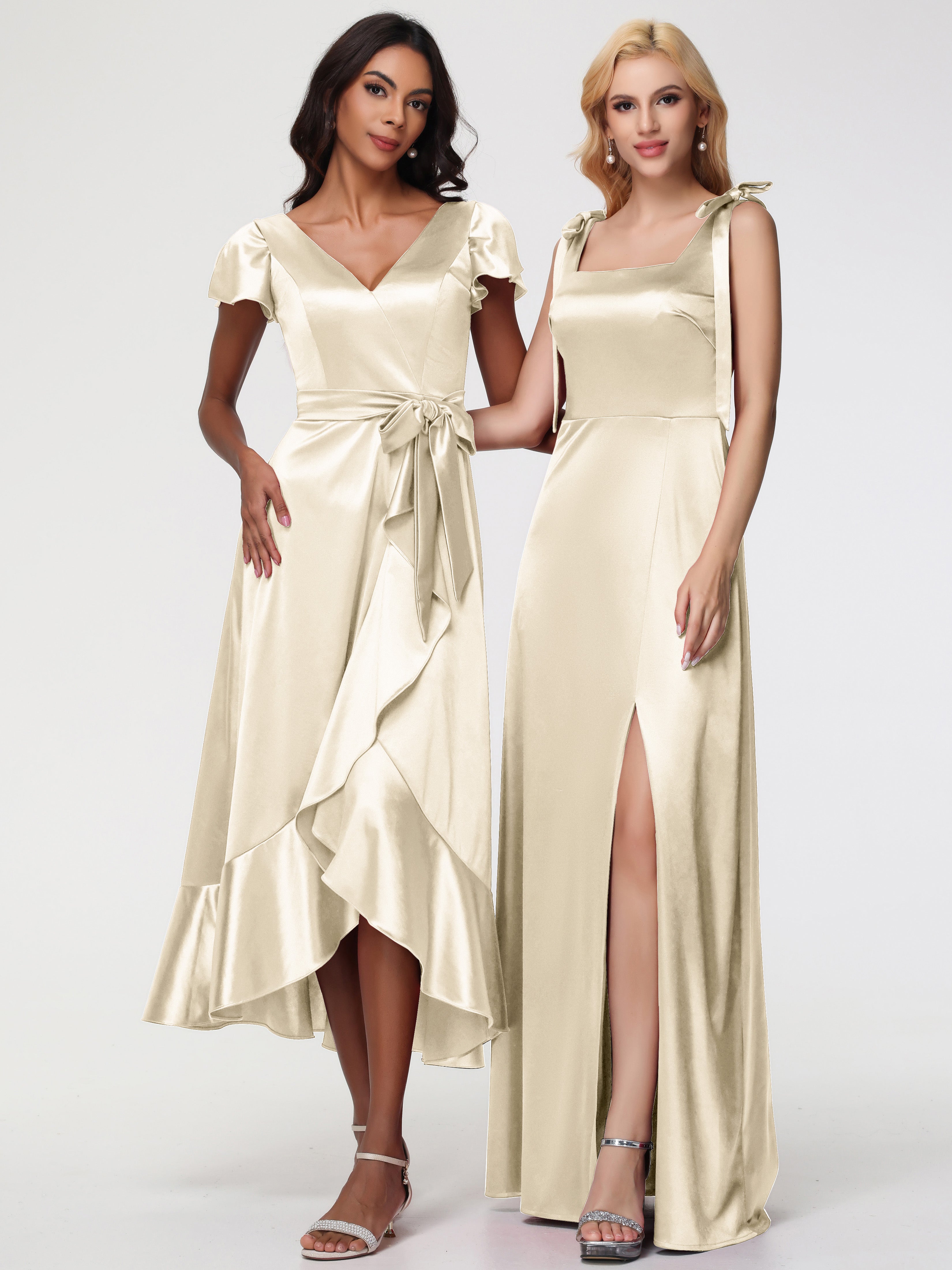 Robe Demoiselle D Honneur Champagne Col Carré Trapèze Satin Extensible Fendue Robe De Demoiselle D'Honneur