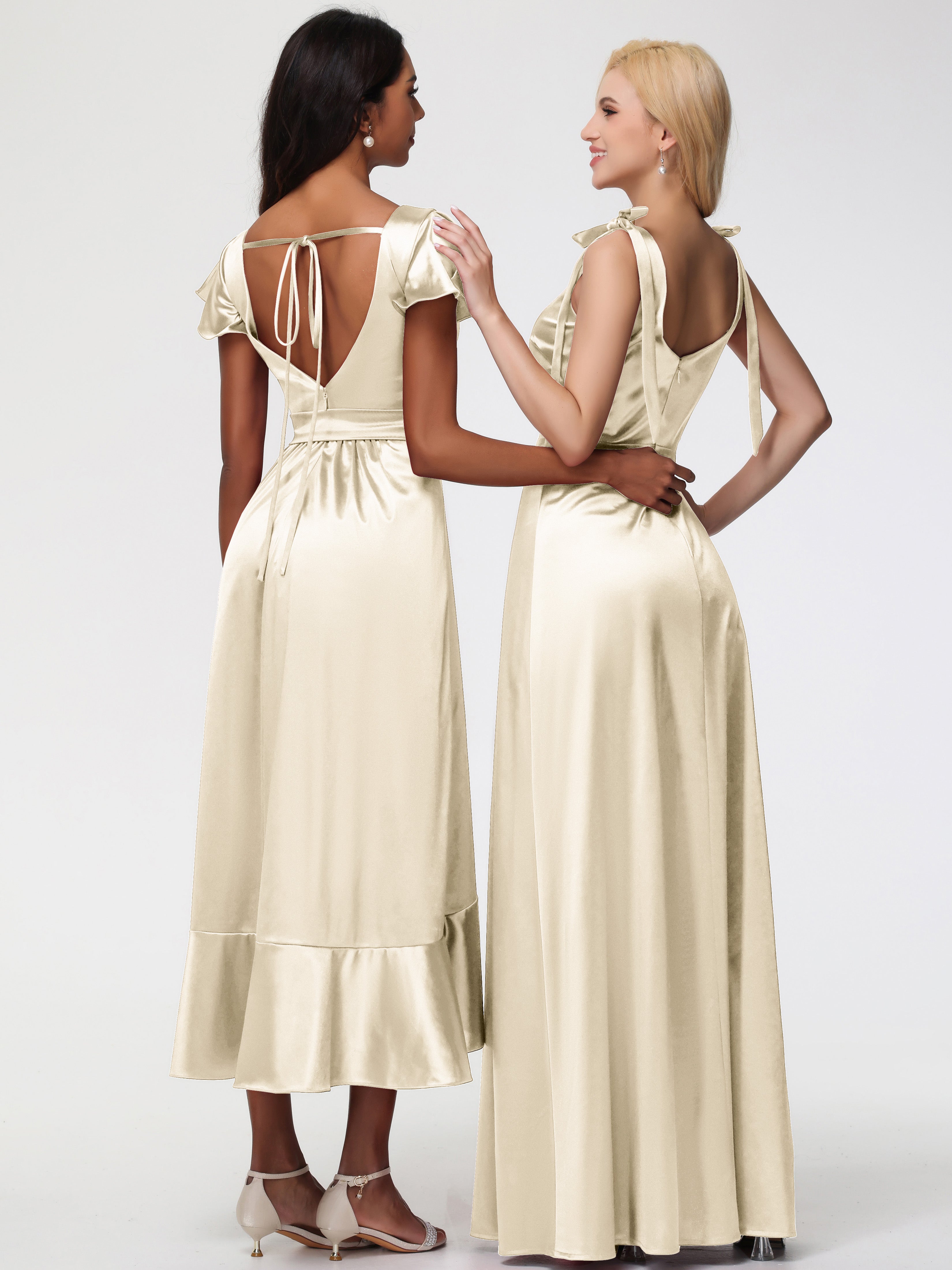 Robe Demoiselle D Honneur Champagne Col Carré Trapèze Satin Extensible Fendue Robe De Demoiselle D'Honneur