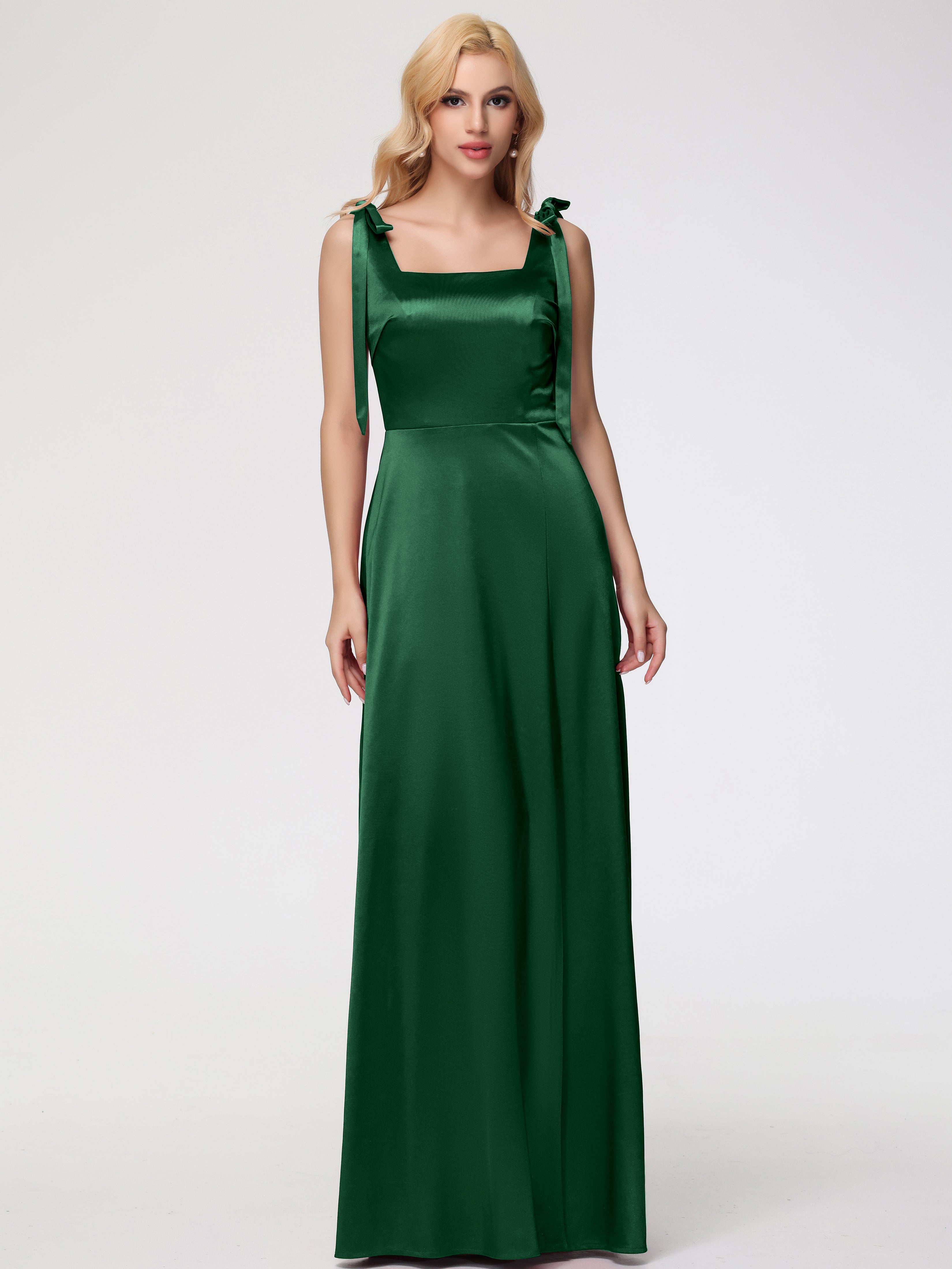 Robe Demoiselle D Honneur VERT FONCÉ Col Carré Trapèze Satin Extensible Fendue Robe De Demoiselle D'Honneur