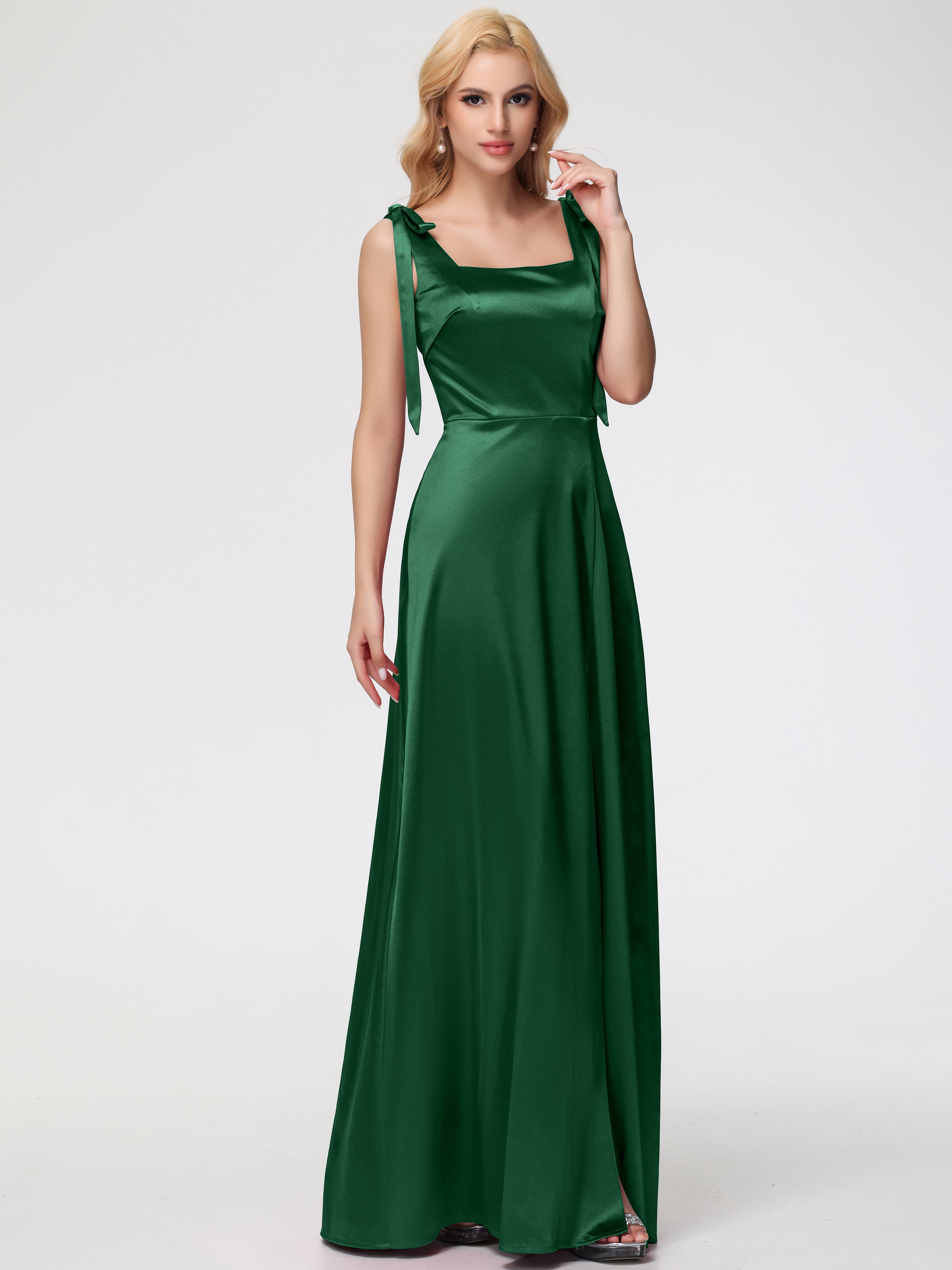 Robe Demoiselle D Honneur VERT FONCÉ Col Carré Trapèze Satin Extensible Fendue Robe De Demoiselle D'Honneur