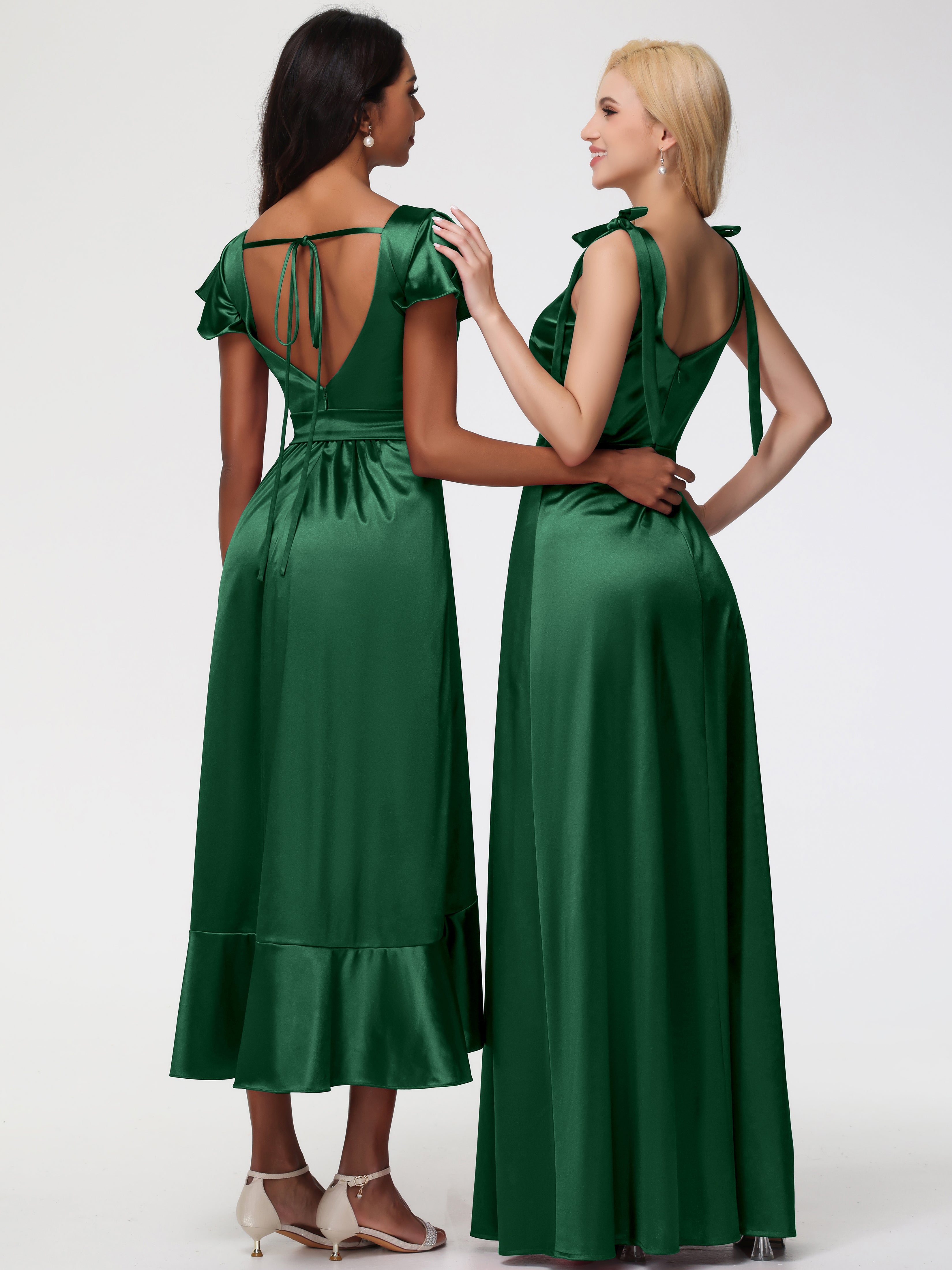 Robe Demoiselle D Honneur VERT FONCÉ Col Carré Trapèze Satin Extensible Fendue Robe De Demoiselle D'Honneur