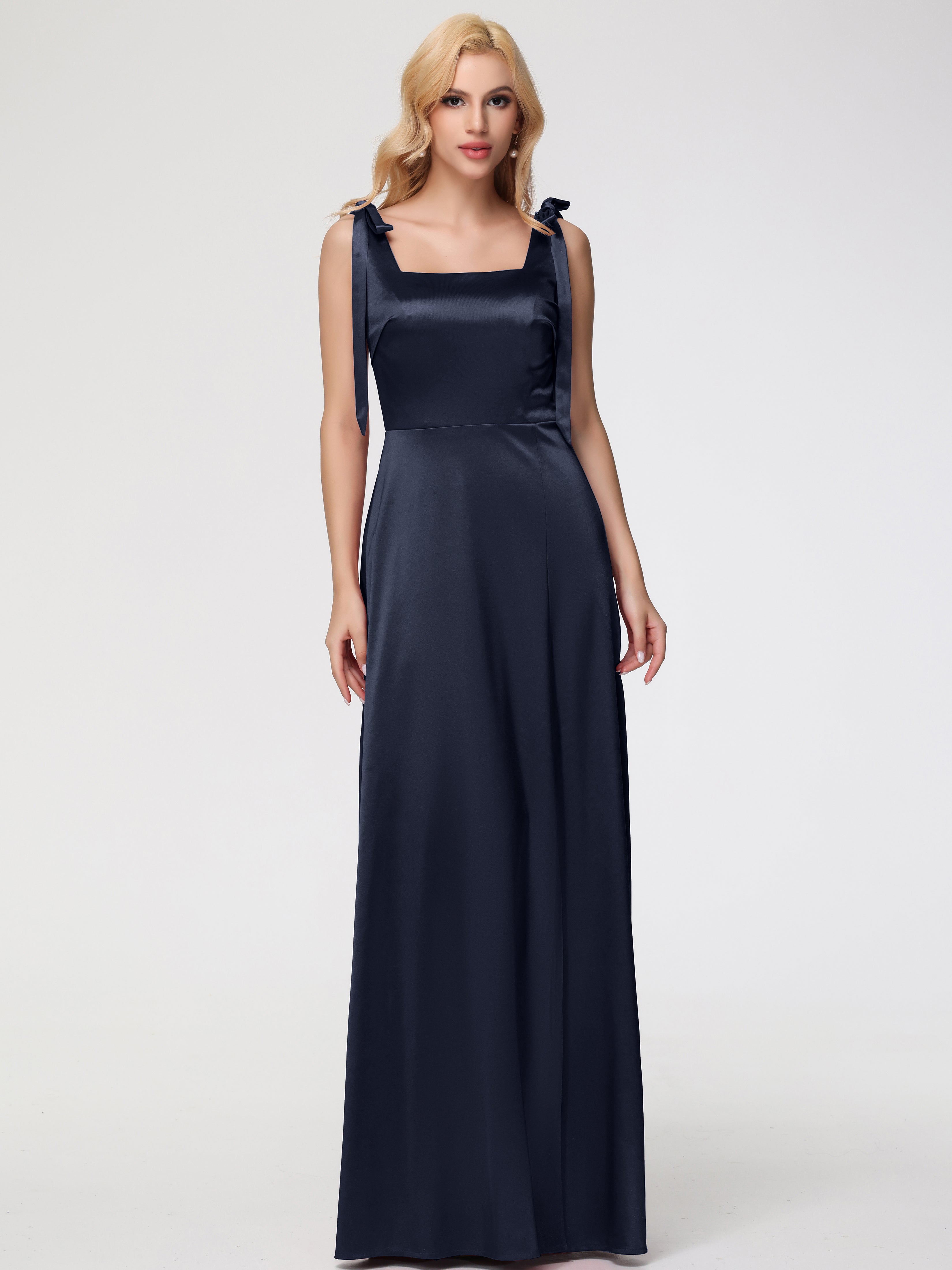 Robe Demoiselle D Honneur Bleu Marine Col Carré Trapèze Satin Extensible Fendue Robe De Demoiselle D'Honneur