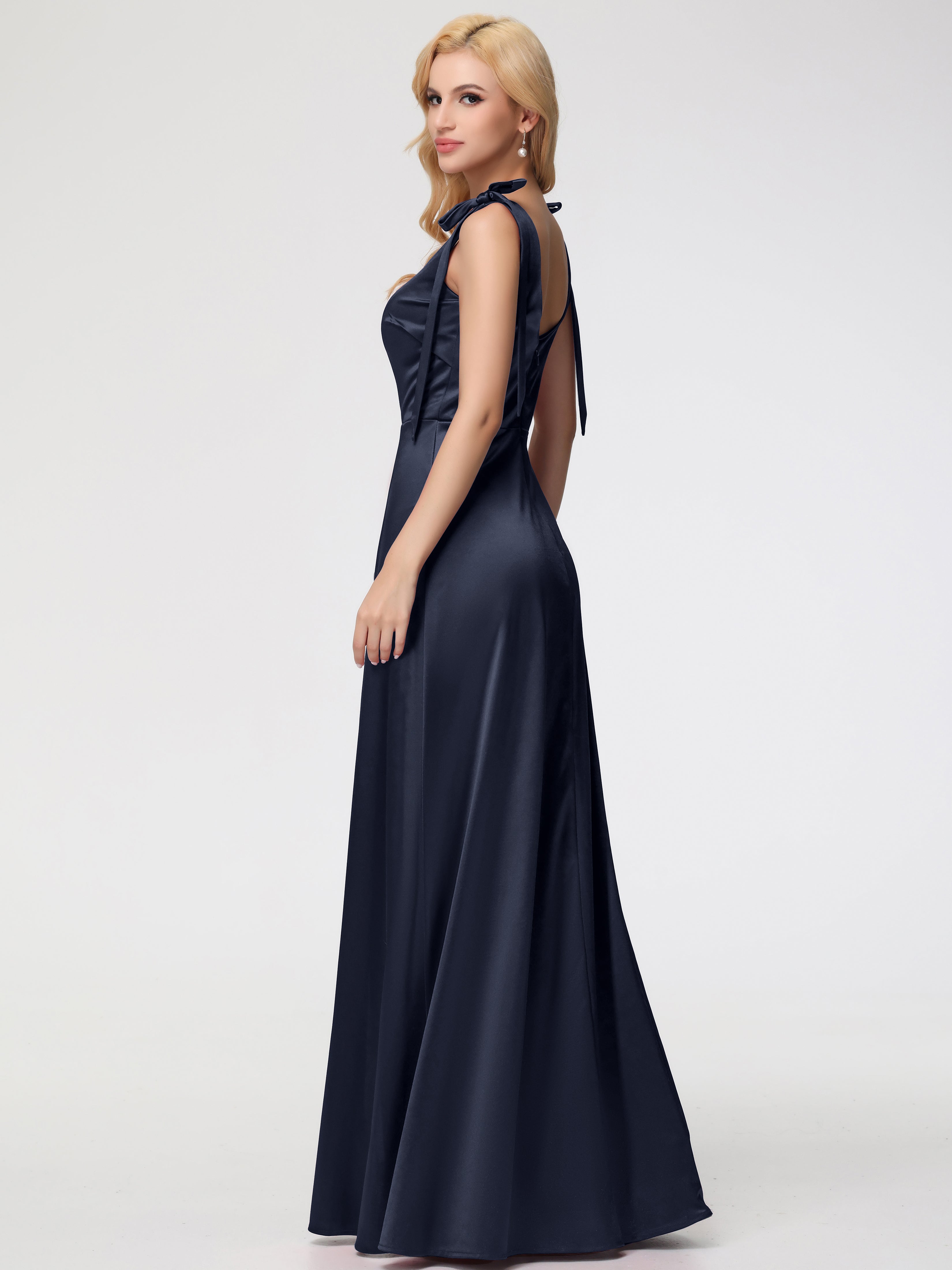 Robe Demoiselle D Honneur Bleu Marine Col Carré Trapèze Satin Extensible Fendue Robe De Demoiselle D'Honneur