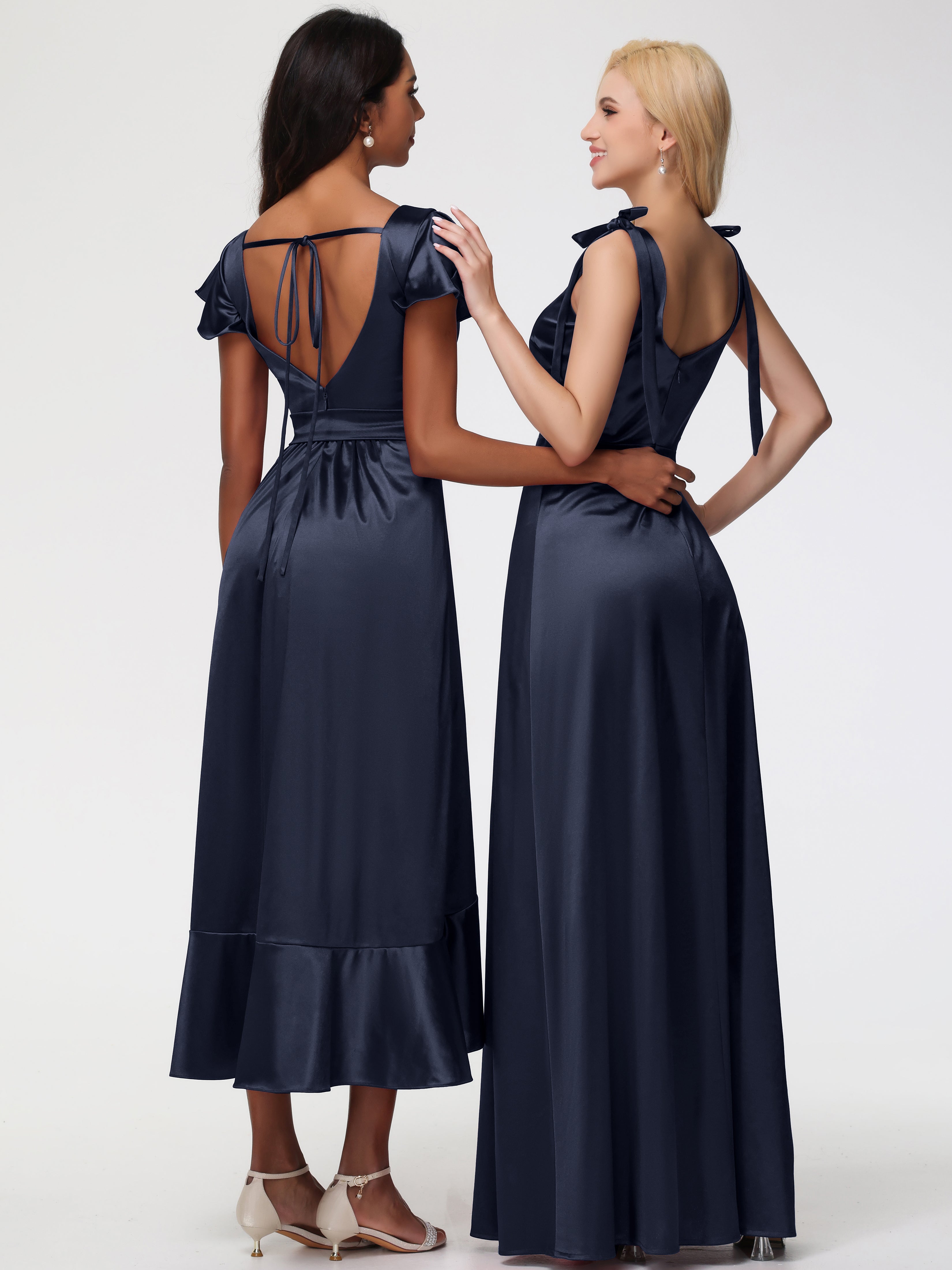 Robe Demoiselle D Honneur Bleu Marine Col Carré Trapèze Satin Extensible Fendue Robe De Demoiselle D'Honneur