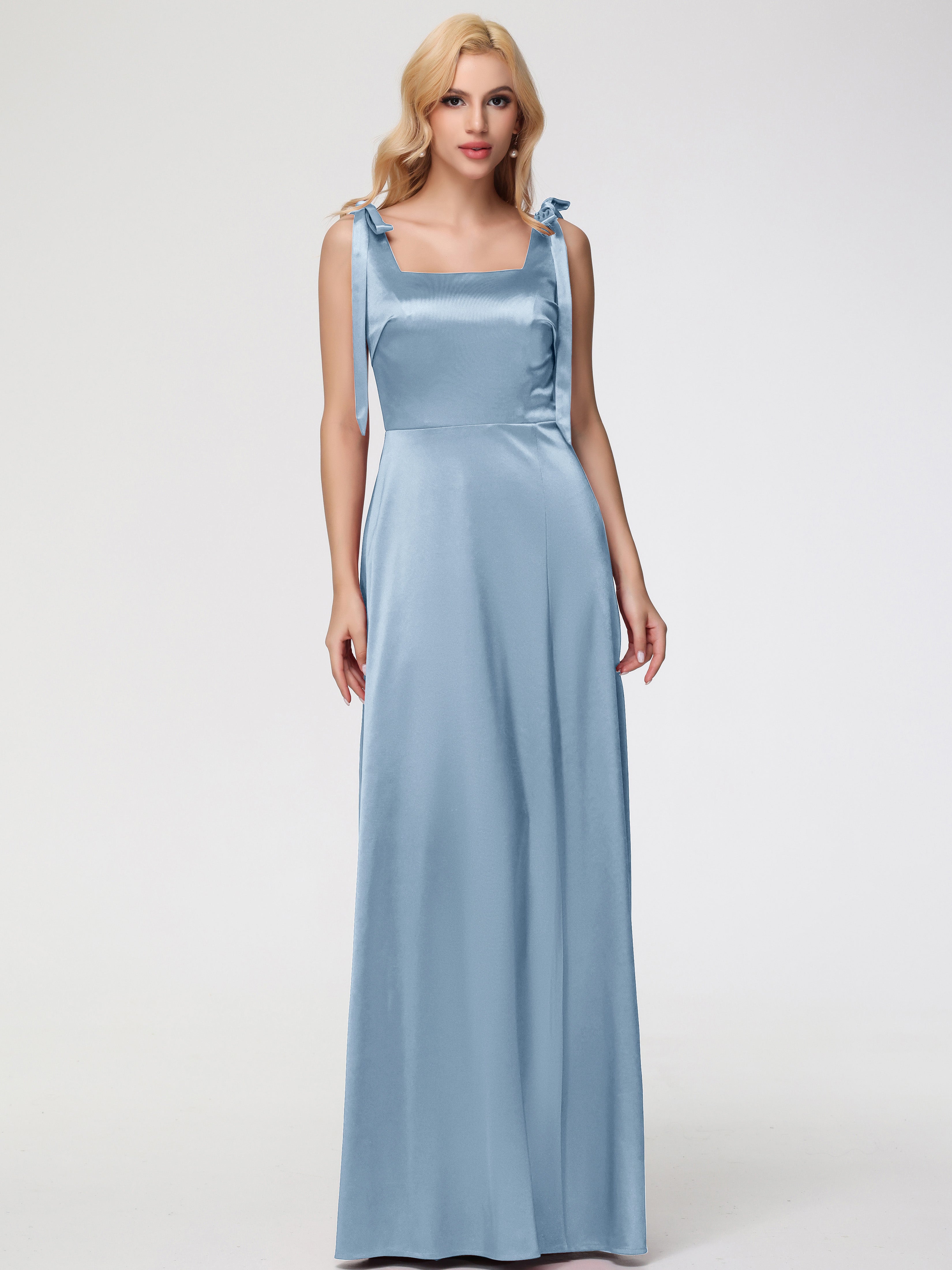 Robes De Demoiselle D'Honneur Bleu Poussiéreux Col Carré Trapèze Satin Extensible Fendue Robe De Demoiselle D'Honneur