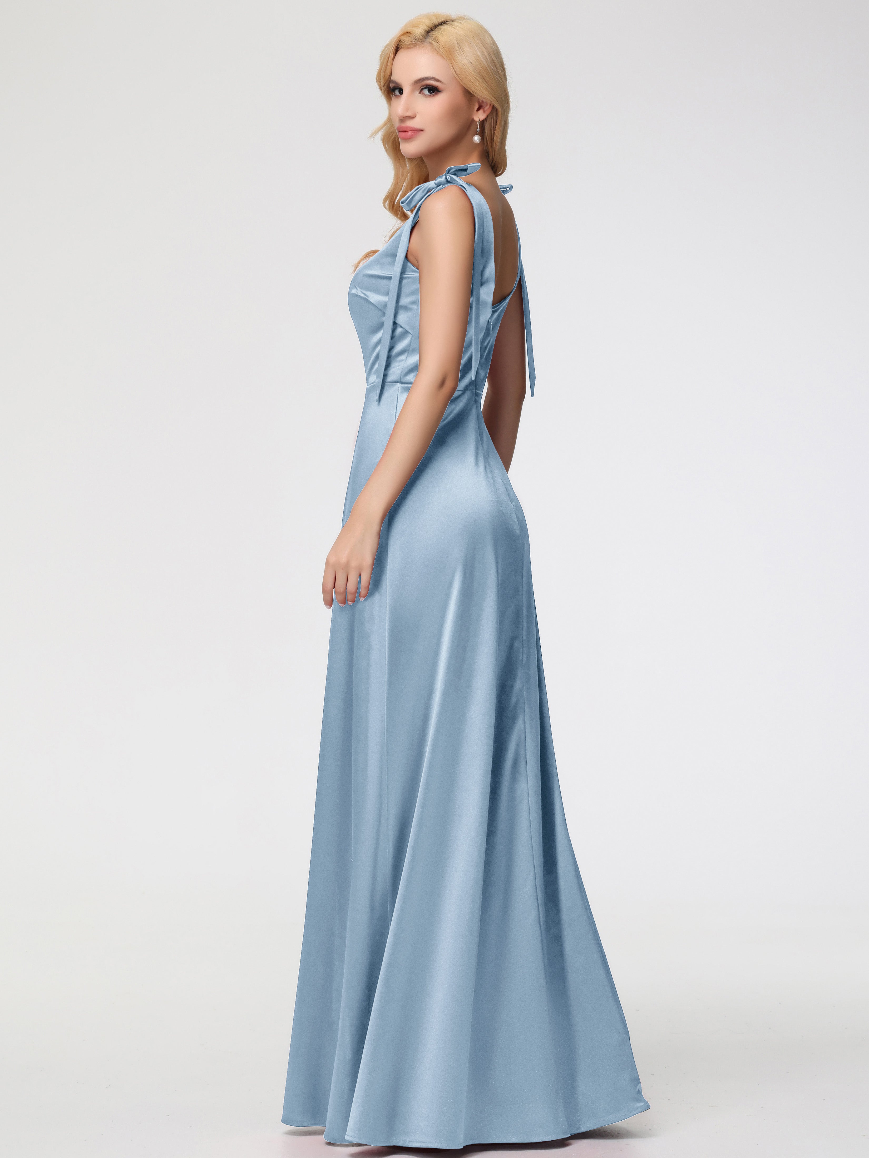 Robes De Demoiselle D'Honneur Bleu Poussiéreux Col Carré Trapèze Satin Extensible Fendue Robe De Demoiselle D'Honneur