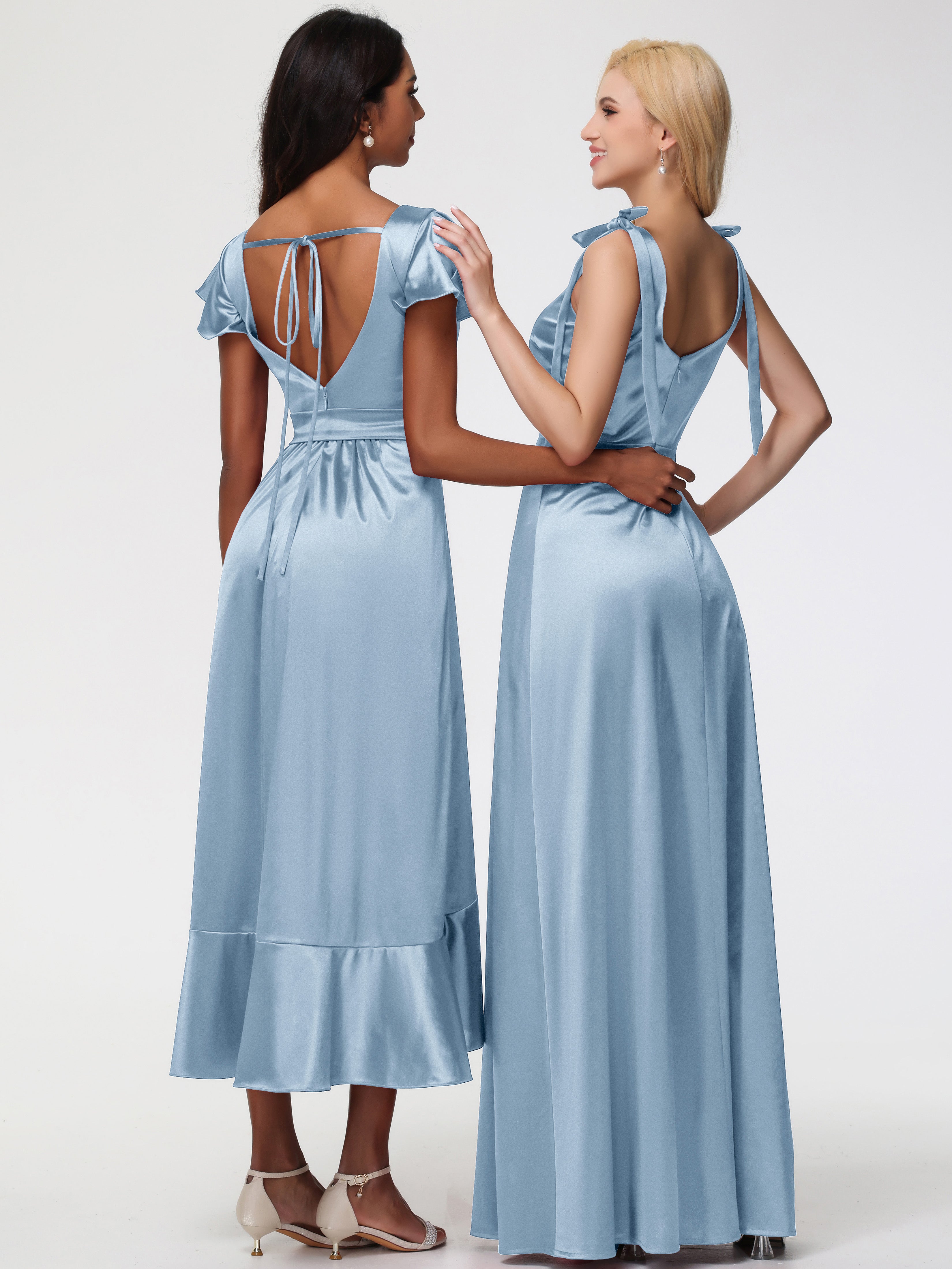 Robes De Demoiselle D'Honneur Bleu Poussiéreux Col Carré Trapèze Satin Extensible Fendue Robe De Demoiselle D'Honneur
