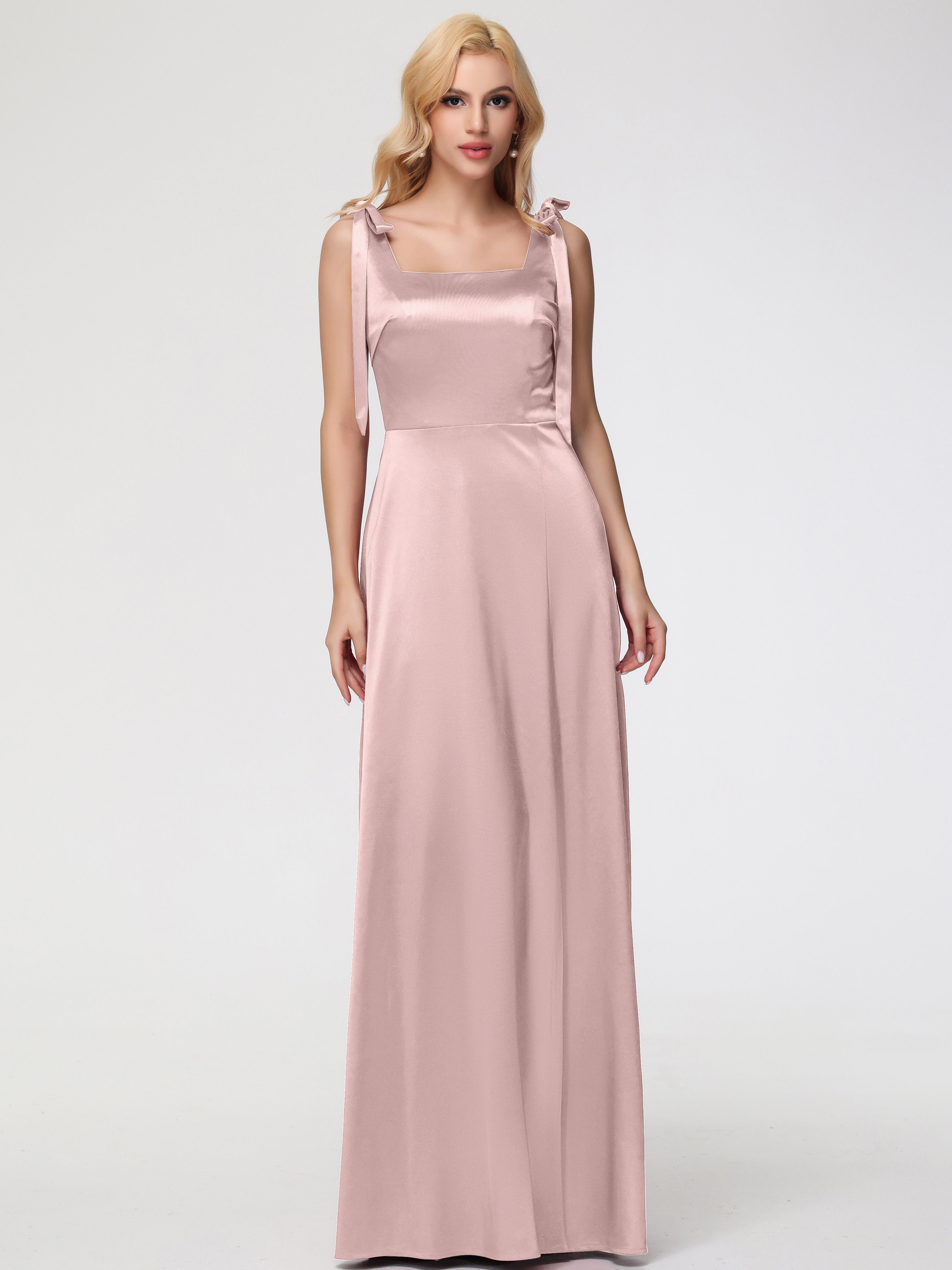 Robes De Demoiselle D'Honneur Rose Poussiéreux Col Carré Trapèze Satin Extensible Fendue Robe De Demoiselle D'Honneur