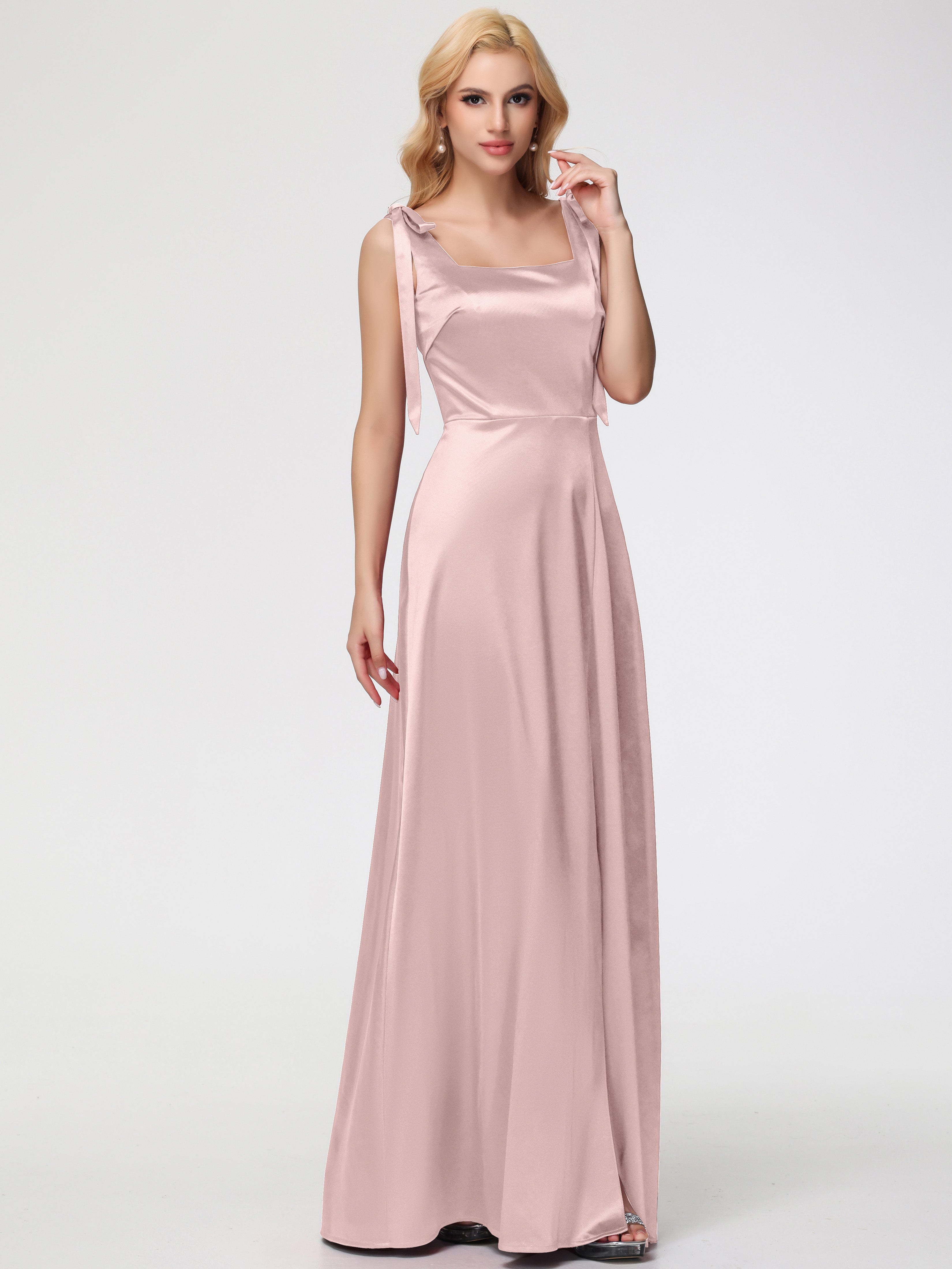 Robes De Demoiselle D'Honneur Rose Poussiéreux Col Carré Trapèze Satin Extensible Fendue Robe De Demoiselle D'Honneur