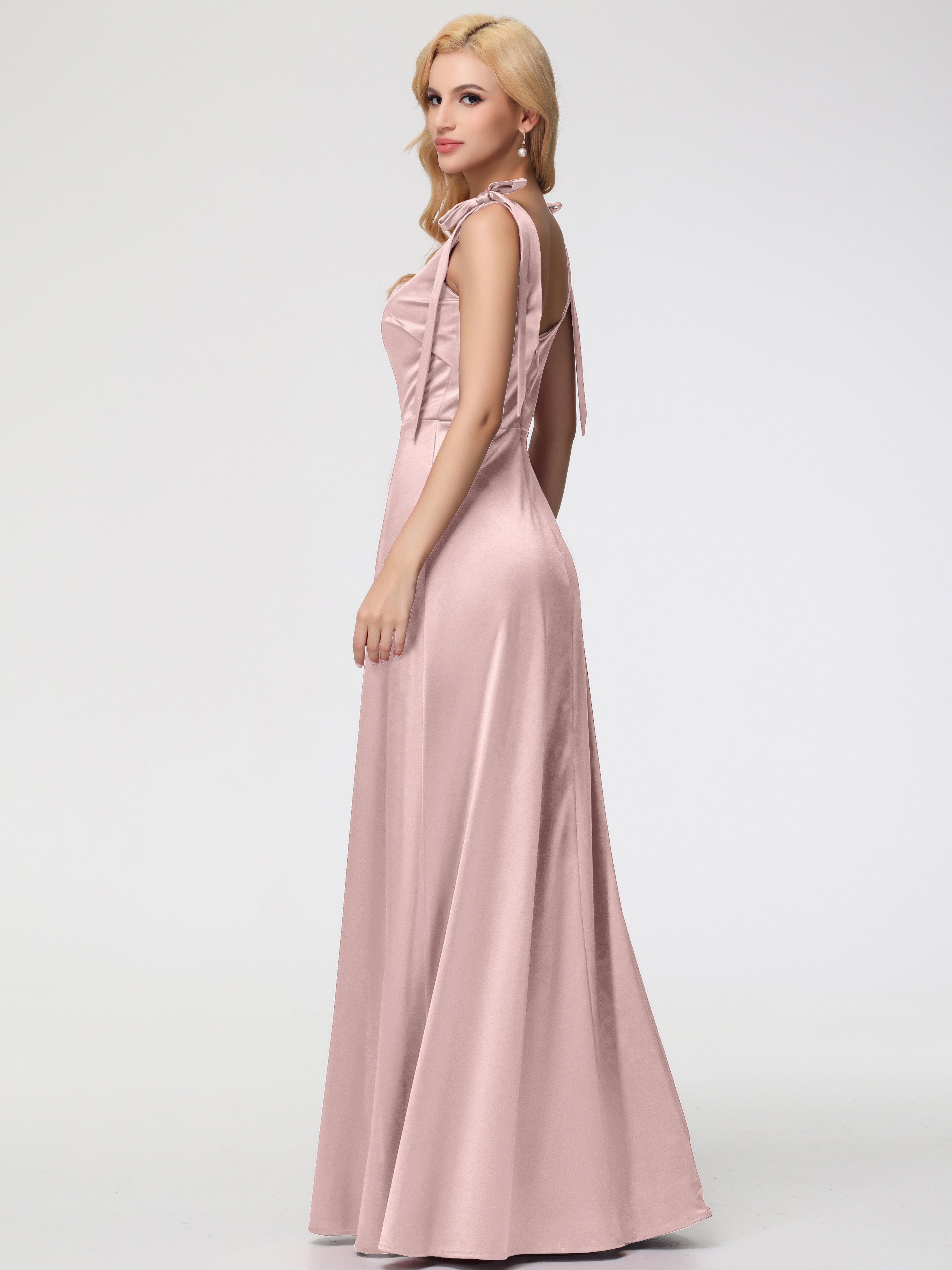 Robes De Demoiselle D'Honneur Rose Poussiéreux Col Carré Trapèze Satin Extensible Fendue Robe De Demoiselle D'Honneur
