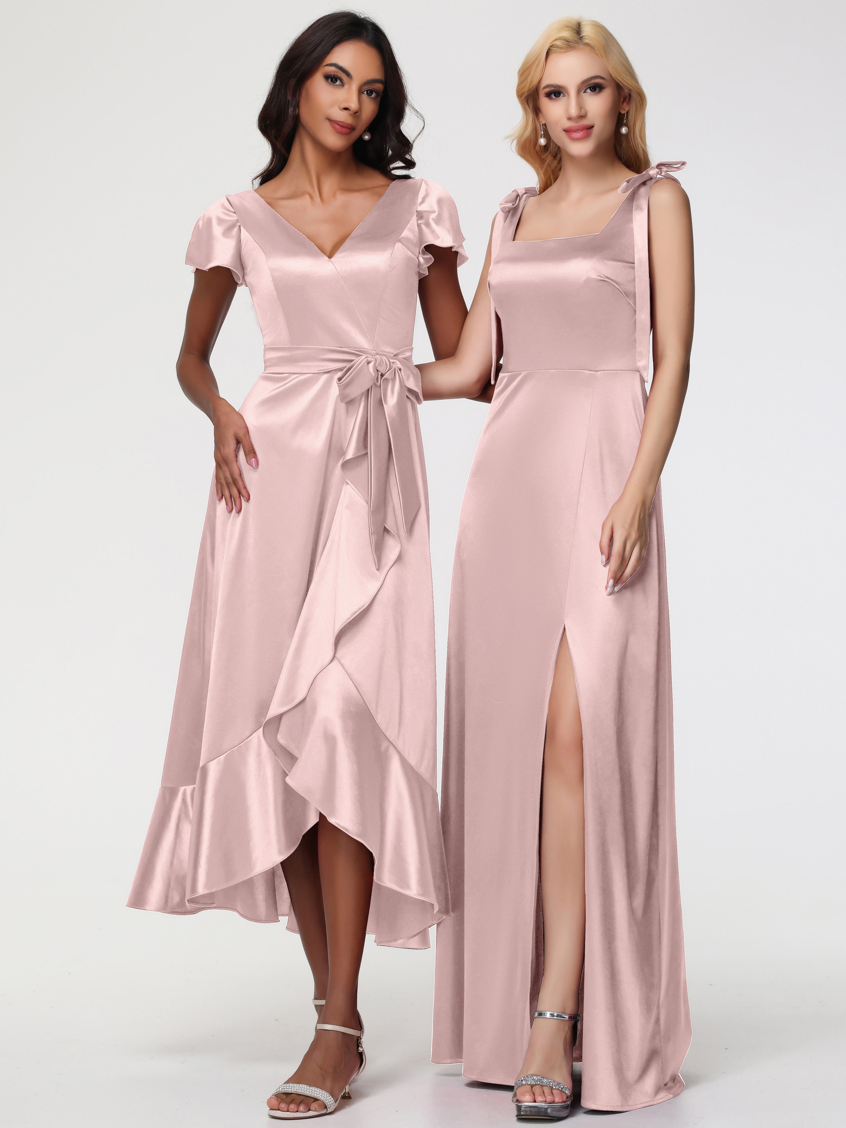 Robes De Demoiselle D'Honneur Rose Poussiéreux Col Carré Trapèze Satin Extensible Fendue Robe De Demoiselle D'Honneur