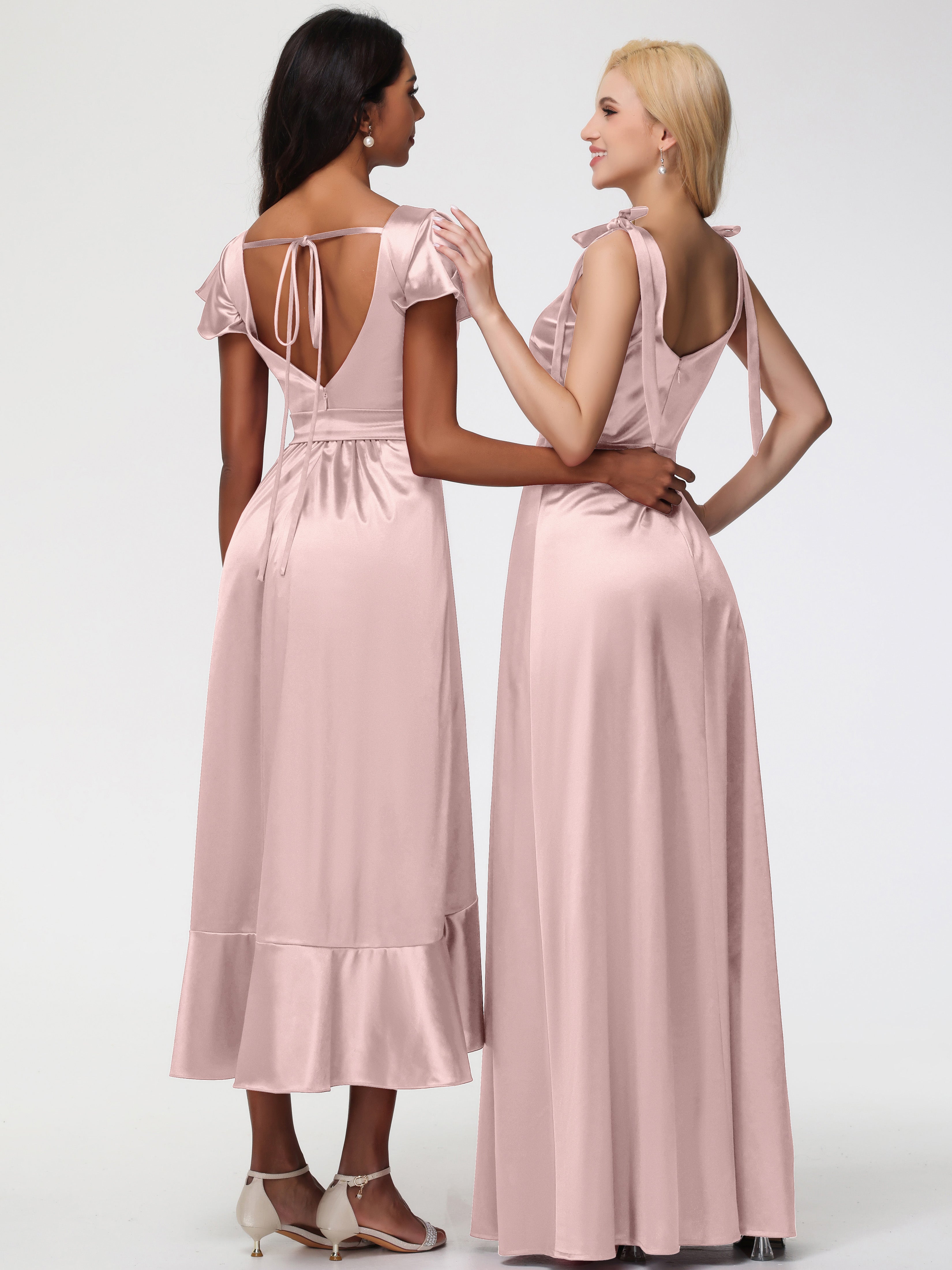 Robes De Demoiselle D'Honneur Rose Poussiéreux Col Carré Trapèze Satin Extensible Fendue Robe De Demoiselle D'Honneur