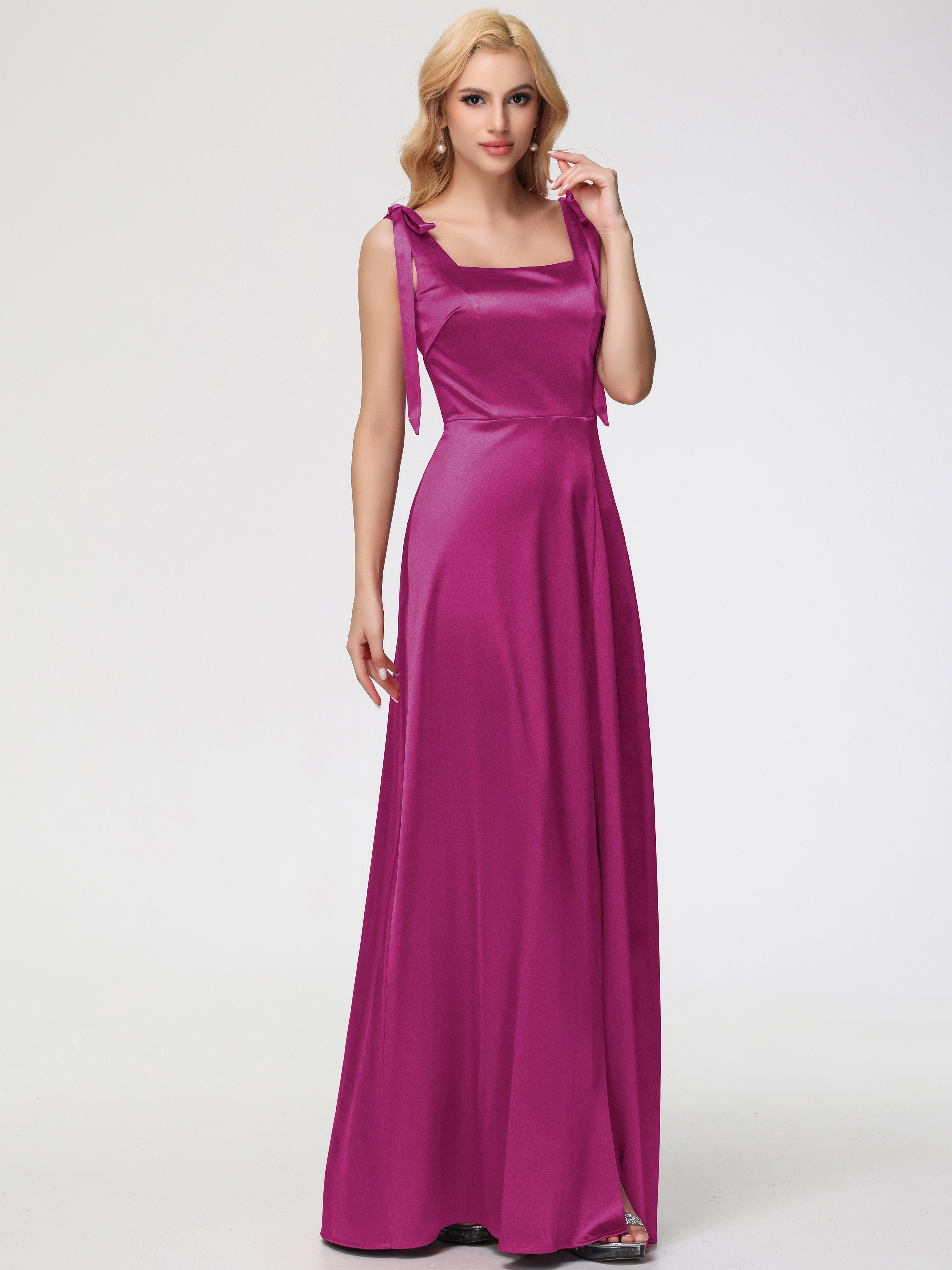 Robe Demoiselle D Honneur Rose Fuchsia Col Carré Trapèze Satin Extensible Fendue Robe De Demoiselle D'Honneur