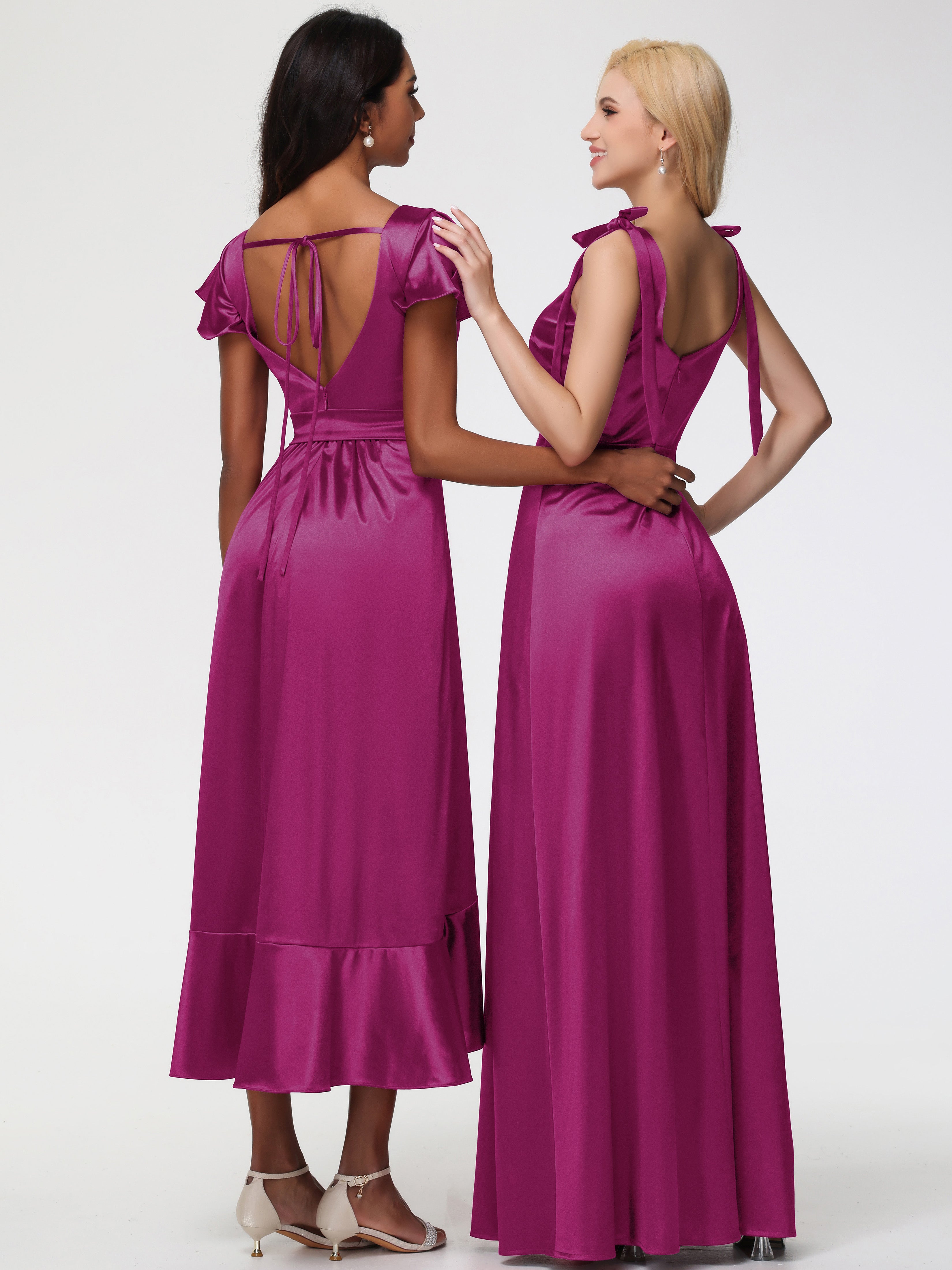 Robe Demoiselle D Honneur Rose Fuchsia Col Carré Trapèze Satin Extensible Fendue Robe De Demoiselle D'Honneur