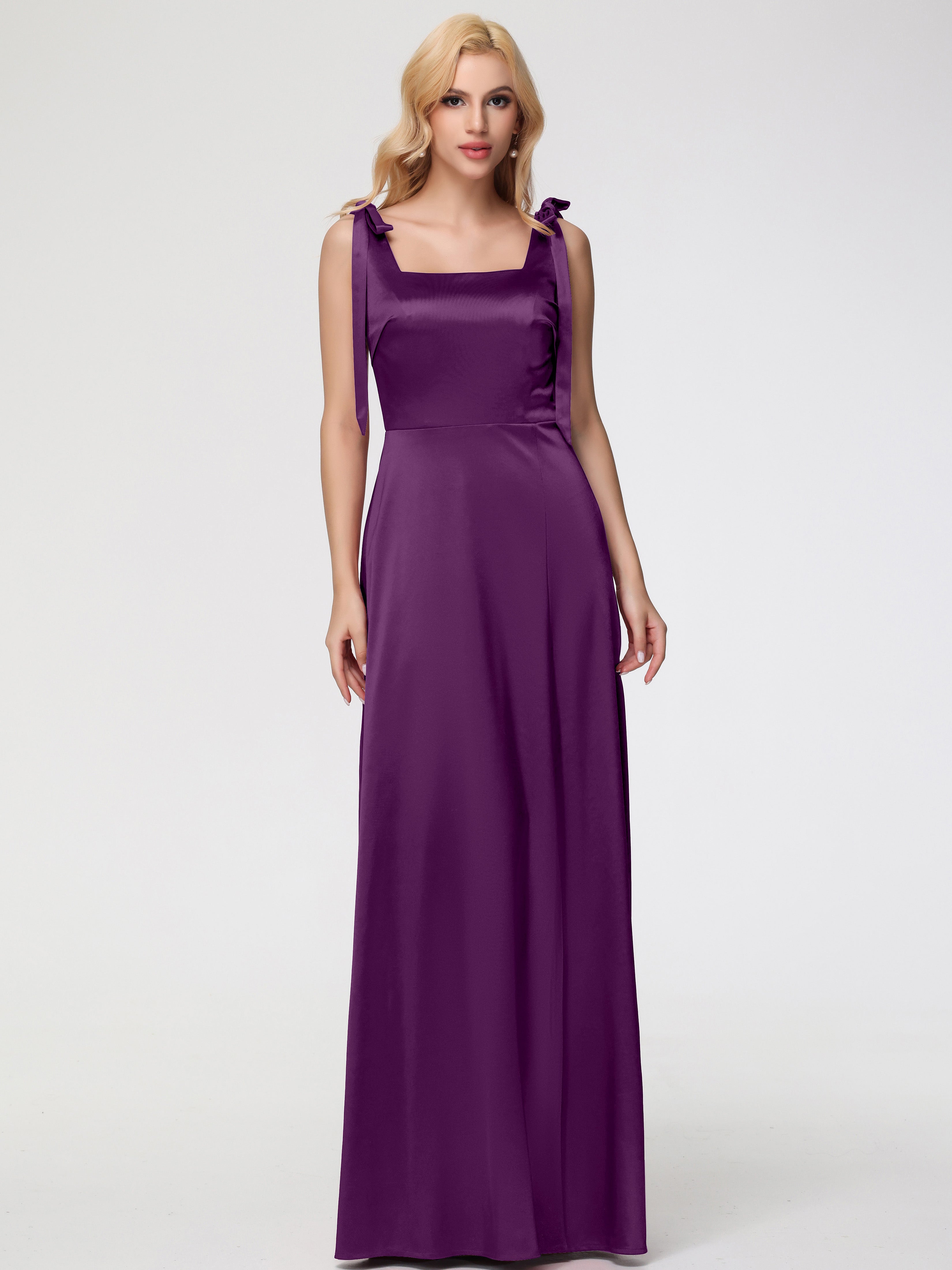 Robes De Demoiselle D'Honneur Raisin Col Carré Trapèze Satin Extensible Fendue Robe De Demoiselle D'Honneur
