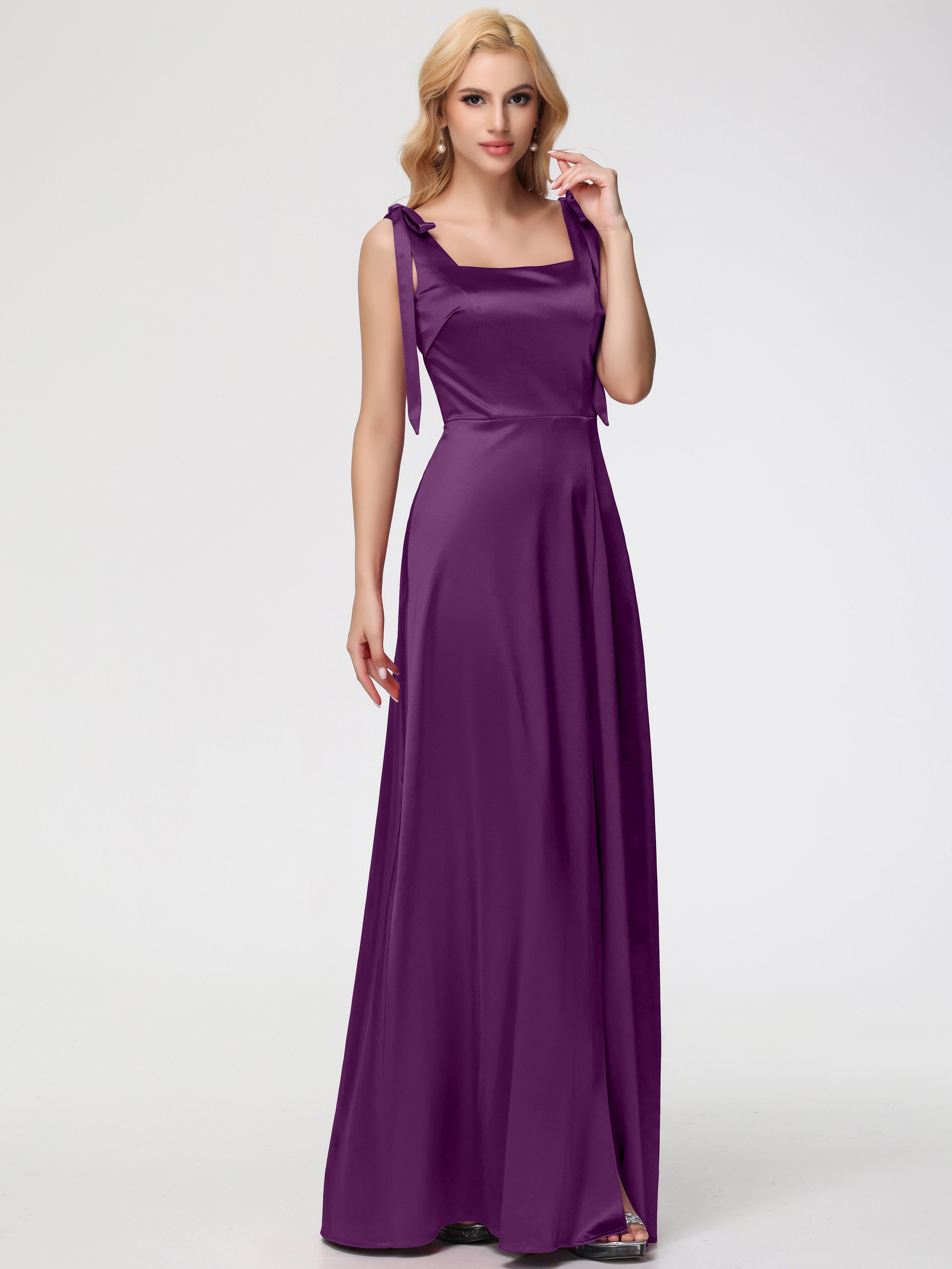 Robes De Demoiselle D'Honneur Raisin Col Carré Trapèze Satin Extensible Fendue Robe De Demoiselle D'Honneur