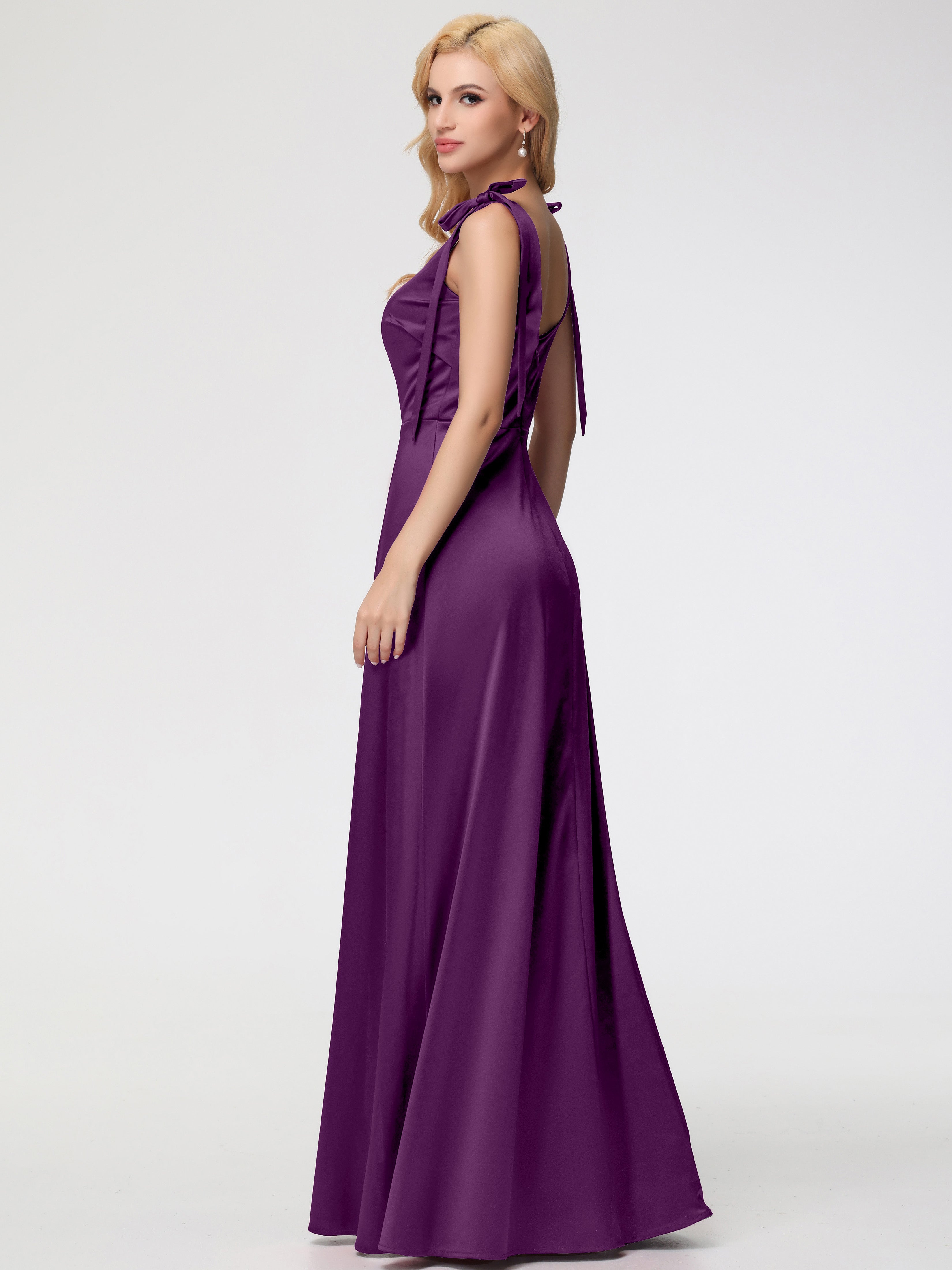 Robes De Demoiselle D'Honneur Raisin Col Carré Trapèze Satin Extensible Fendue Robe De Demoiselle D'Honneur