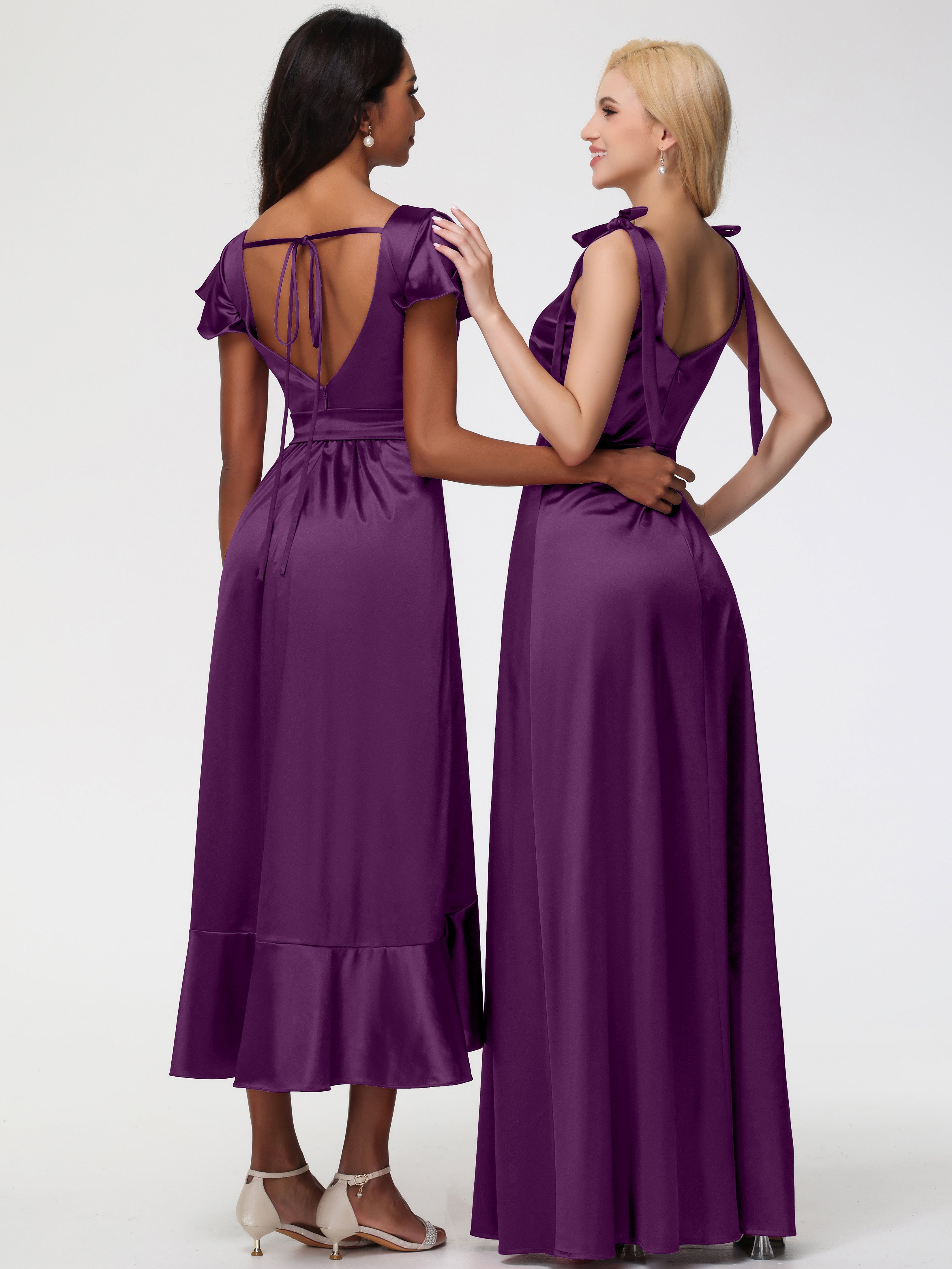 Robes De Demoiselle D'Honneur Raisin Col Carré Trapèze Satin Extensible Fendue Robe De Demoiselle D'Honneur