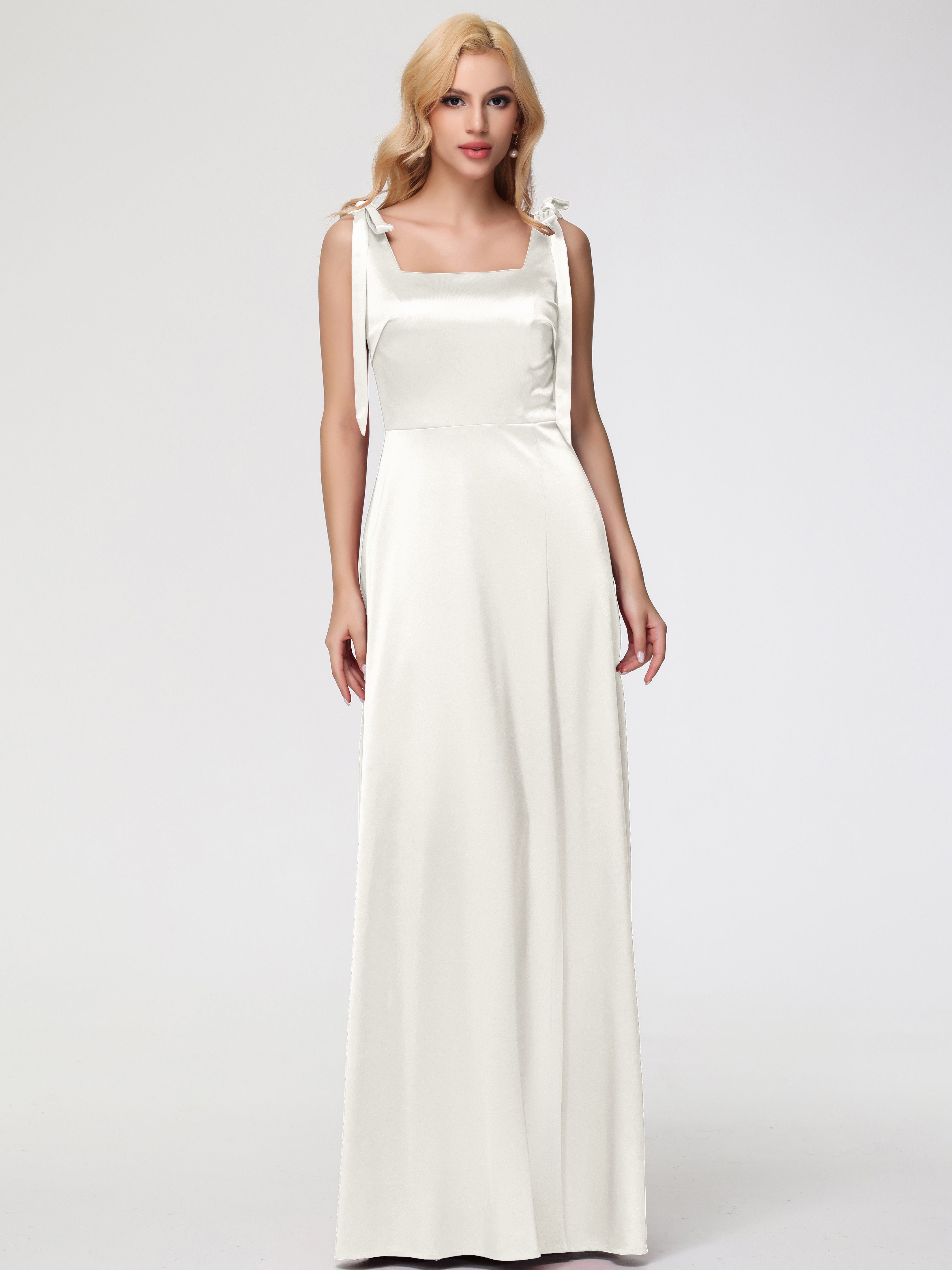 Robe De Demoiselle D Honneur Ivoire Col Carré Trapèze Satin Extensible Fendue Robe De Demoiselle D'Honneur