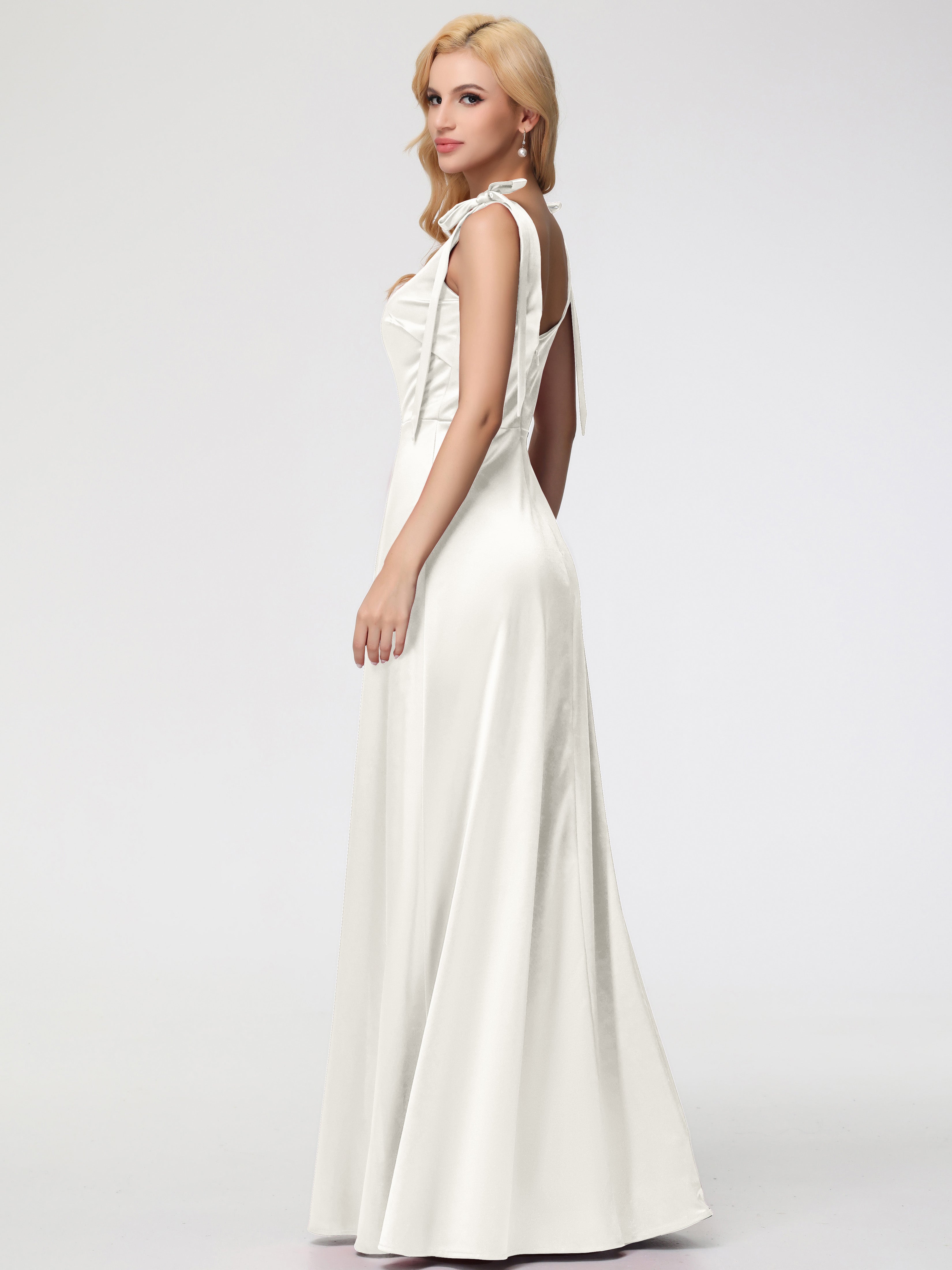Robe De Demoiselle D Honneur Ivoire Col Carré Trapèze Satin Extensible Fendue Robe De Demoiselle D'Honneur