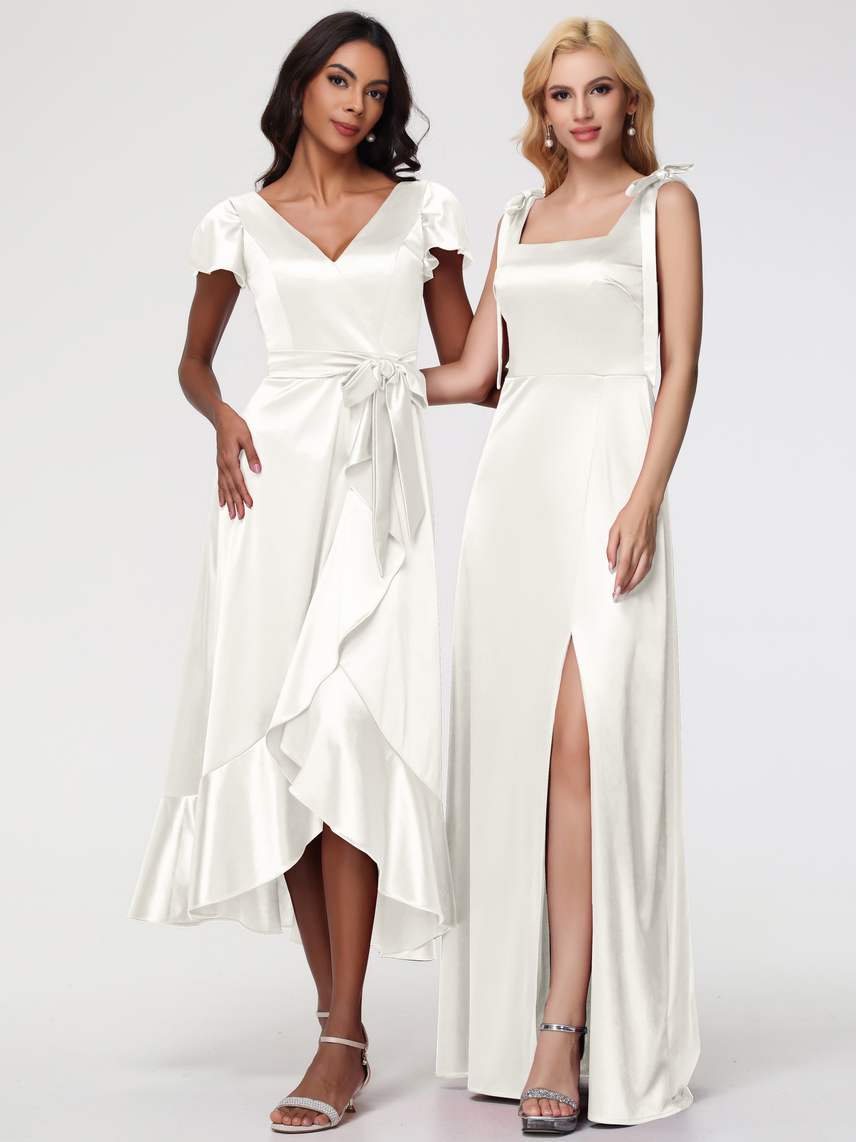 Robe De Demoiselle D Honneur Ivoire Col Carré Trapèze Satin Extensible Fendue Robe De Demoiselle D'Honneur
